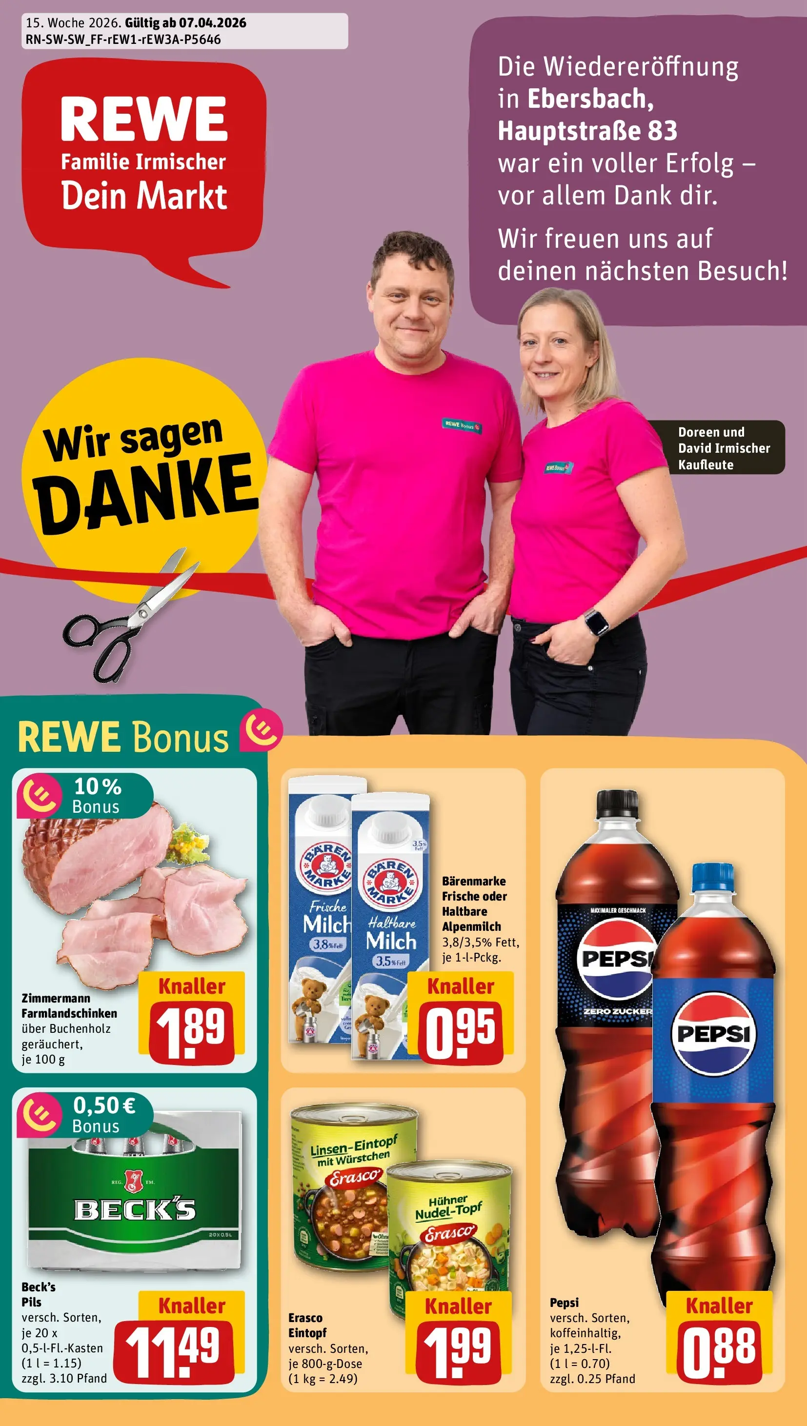 REWE Prospekt ab 05.04.2026 zum Blättern » Angebote | Seite: 1 | Produkte: Milch, Pils, Pepsi, Erasco