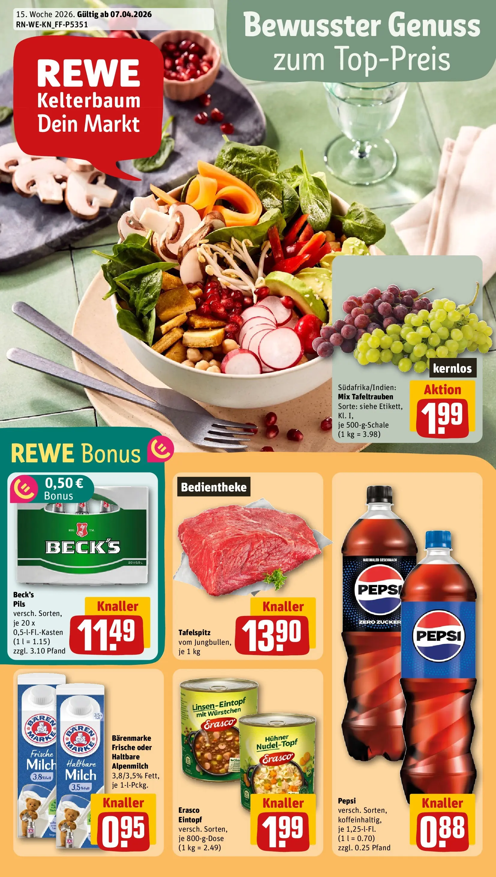 REWE Prospekt ab 05.04.2026 zum Blättern » Angebote | Seite: 1 | Produkte: Tafelspitz, Milch, Pepsi, Erasco