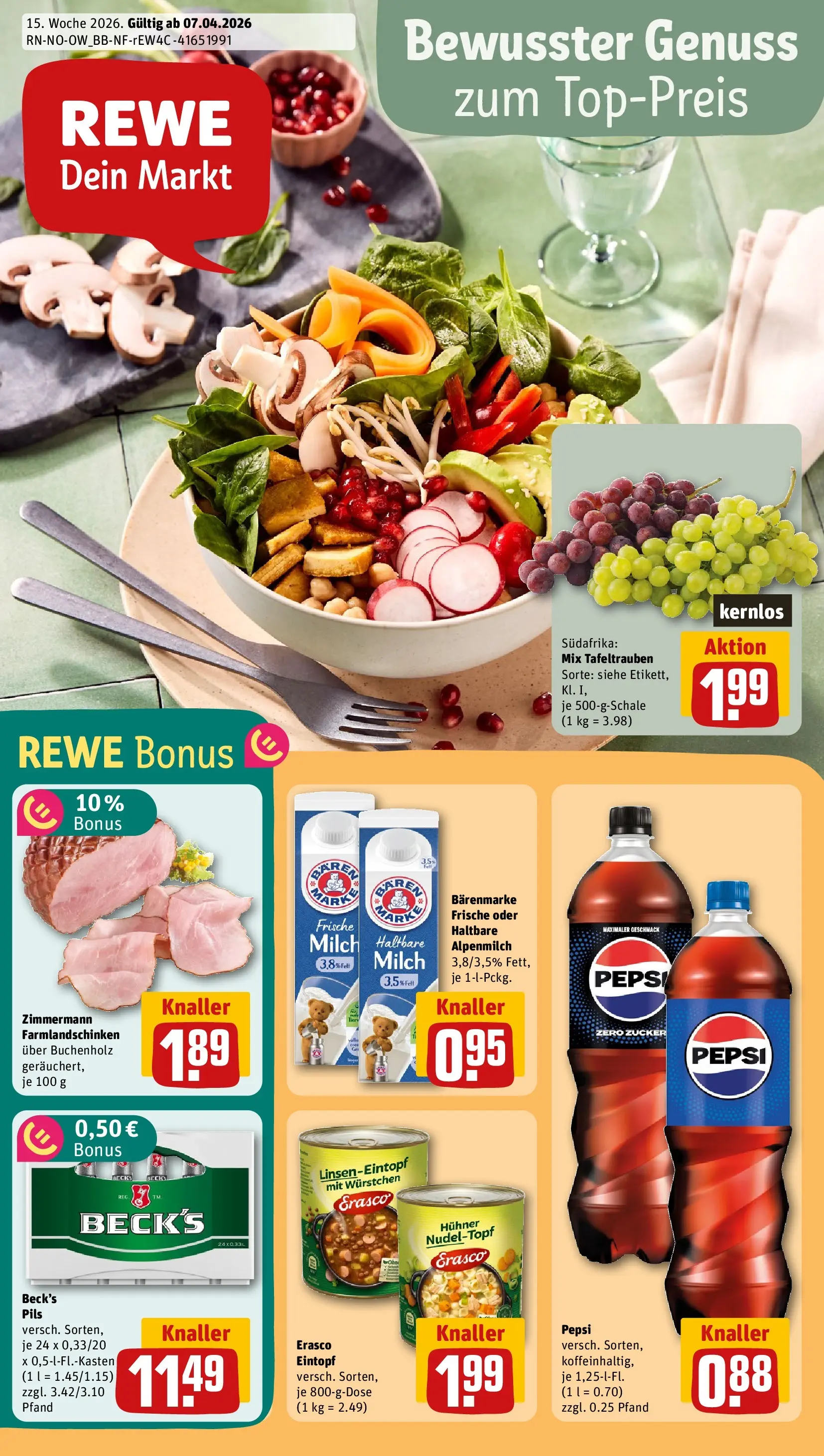 REWE Prospekt ab 05.04.2026 zum Blättern » Angebote | Seite: 1 | Produkte: Haltbare milch, Pils, Zucker, Erasco