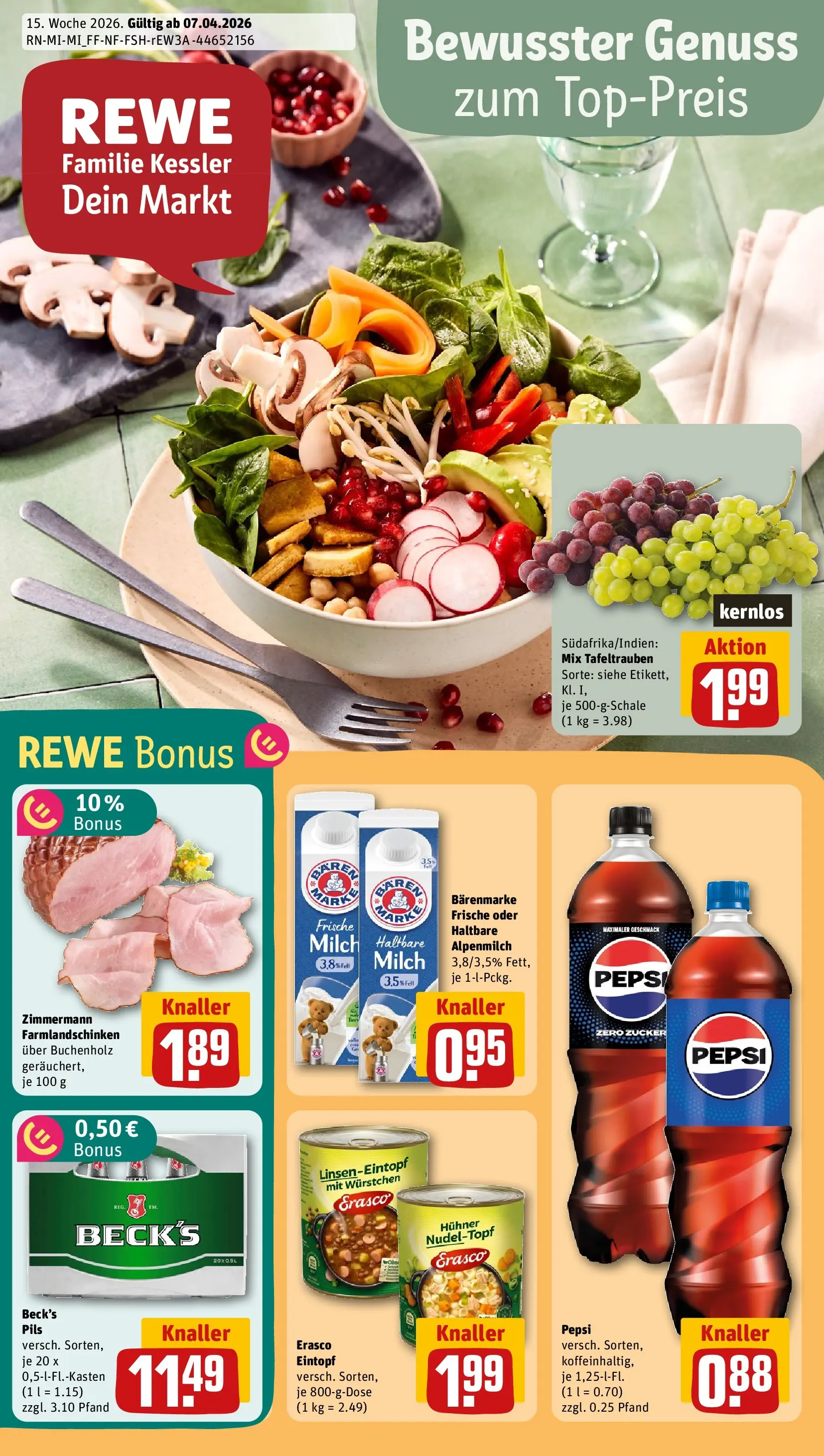 REWE Prospekt ab 05.04.2026 zum Blättern » Angebote | Seite: 1 | Produkte: Milch, Pils, Zucker, Erasco