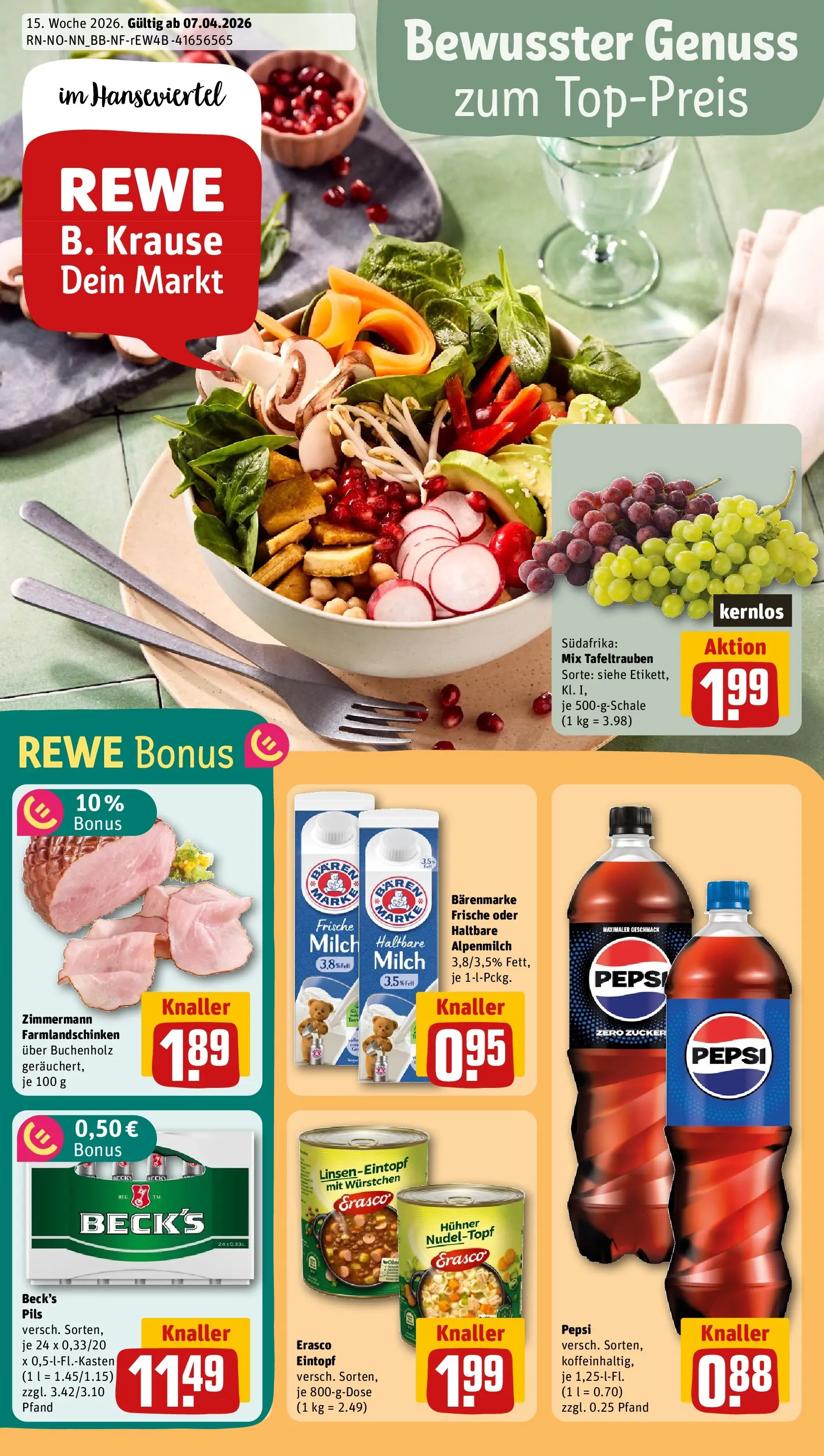 REWE Prospekt ab 05.04.2026 zum Blättern » Angebote | Seite: 1 | Produkte: Cola, Milch, Zucker, Erasco