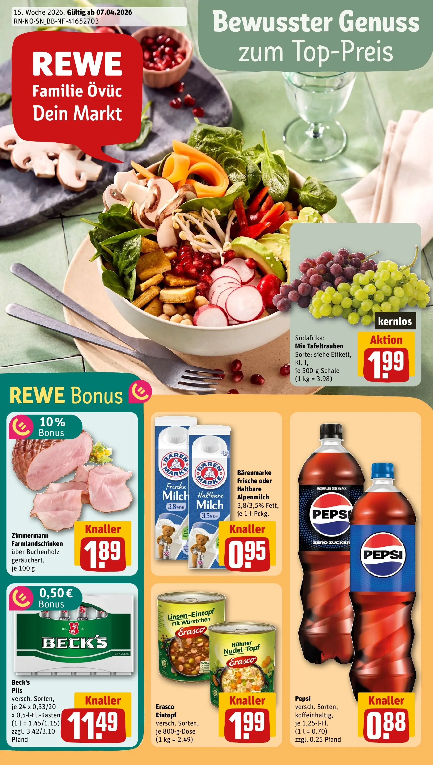 REWE Prospekt ab 05.04.2026 zum Blättern » Angebote | Seite: 1 | Produkte: Cola, Milch, Zucker, Erasco