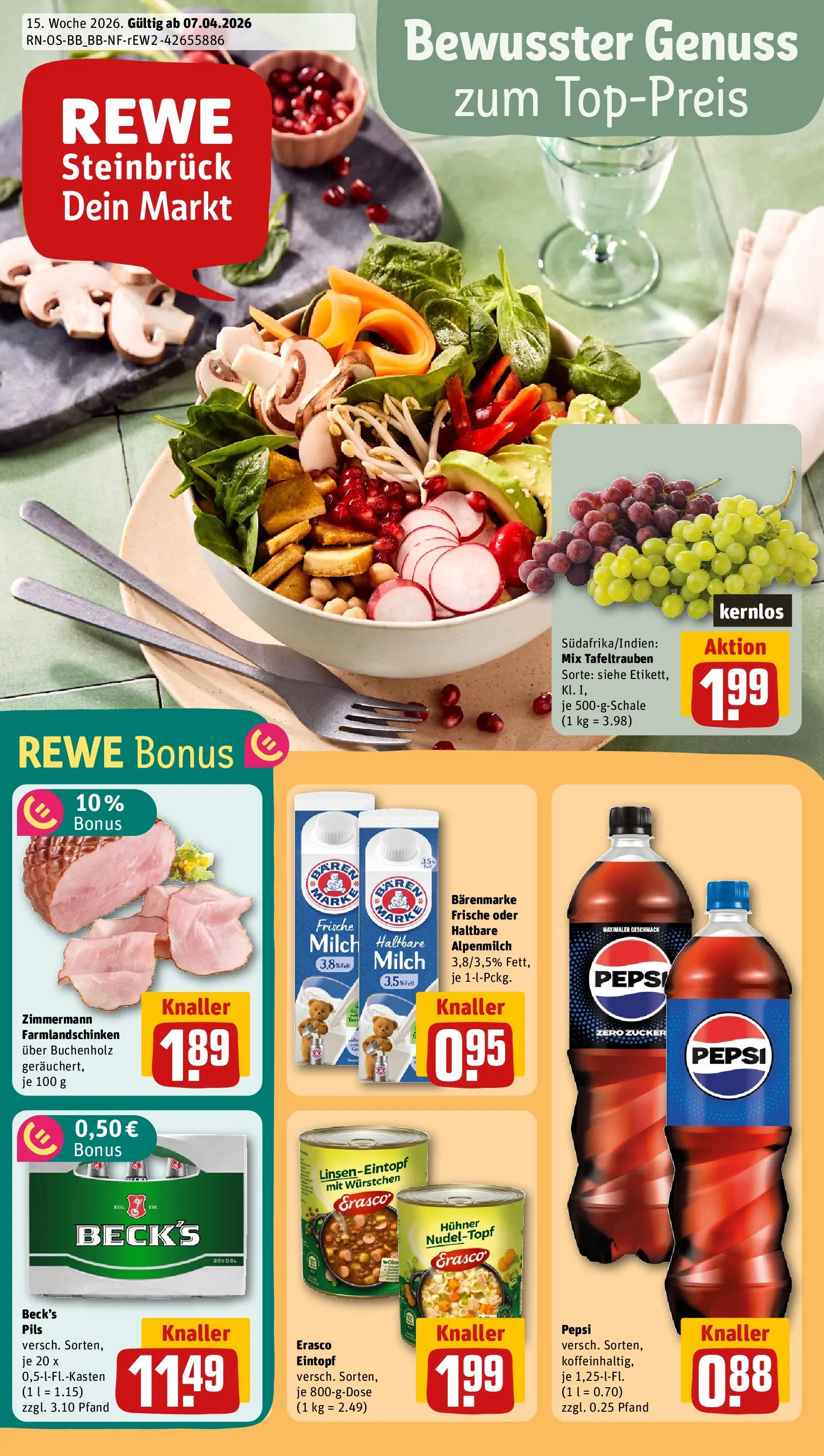 REWE Prospekt ab 05.04.2026 zum Blättern » Angebote | Seite: 1 | Produkte: Cola, Haltbare milch, Zucker, Erasco