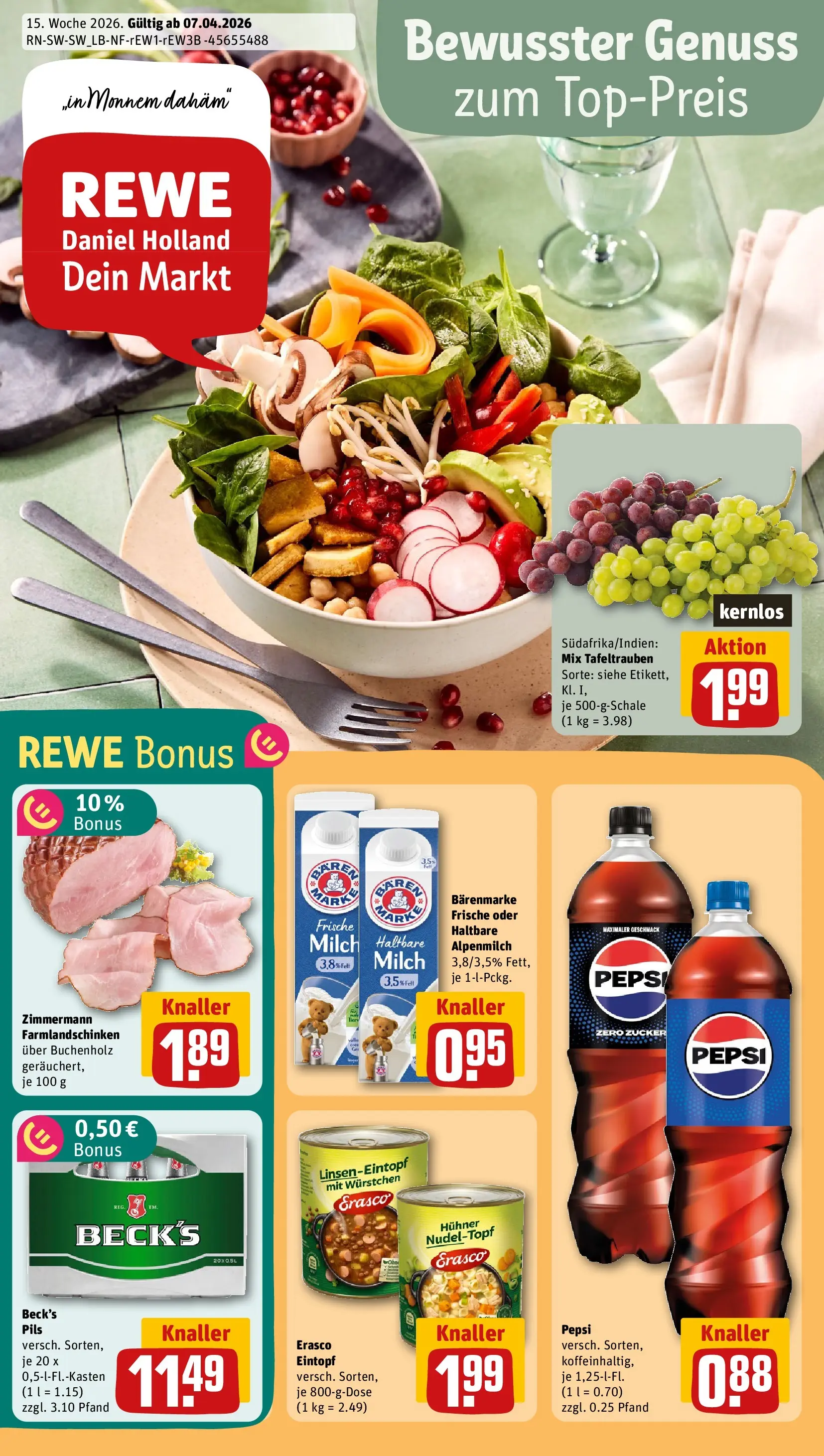 REWE Prospekt ab 05.04.2026 zum Blättern » Angebote | Seite: 1 | Produkte: Milch, Pils, Pepsi, Erasco