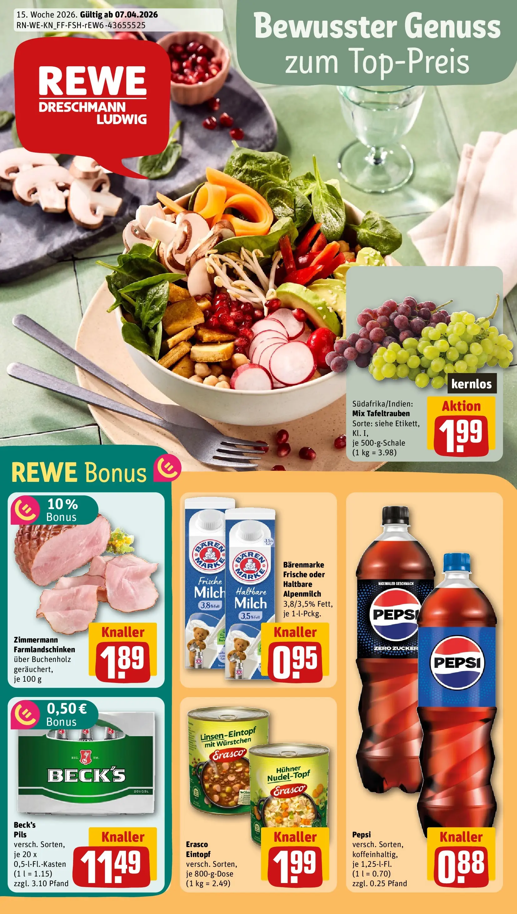 REWE Prospekt ab 05.04.2026 zum Blättern » Angebote | Seite: 1 | Produkte: Cola, Haltbare milch, Zucker, Erasco