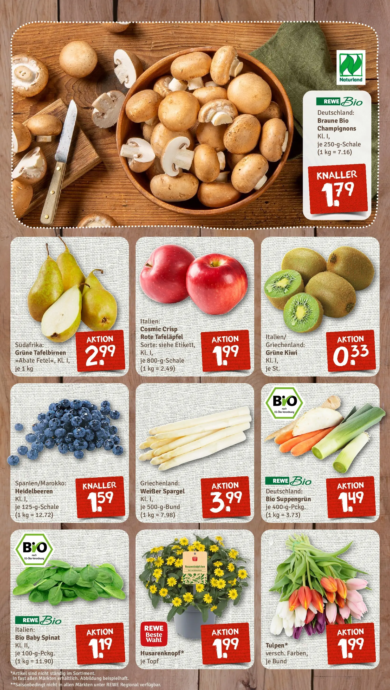 REWE Prospekt ab 05.04.2026 zum Blättern » Angebote | Seite: 3 | Produkte: Spargel, Heidelbeeren, Champignons, Kiwi