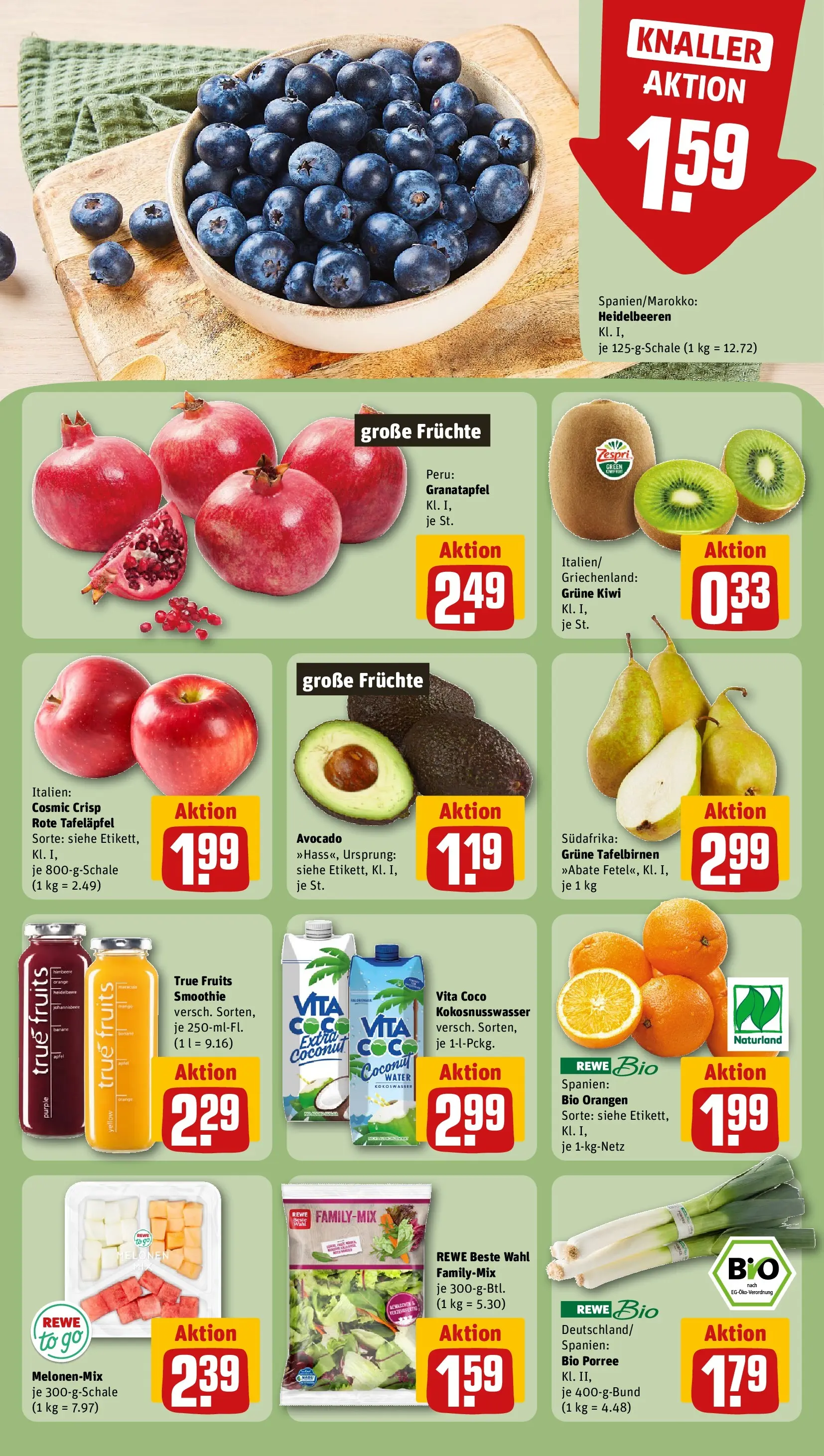 REWE Prospekt ab 05.04.2026 zum Blättern » Angebote | Seite: 4 | Produkte: Granatapfel, Orangen, Heidelbeeren, Kiwi