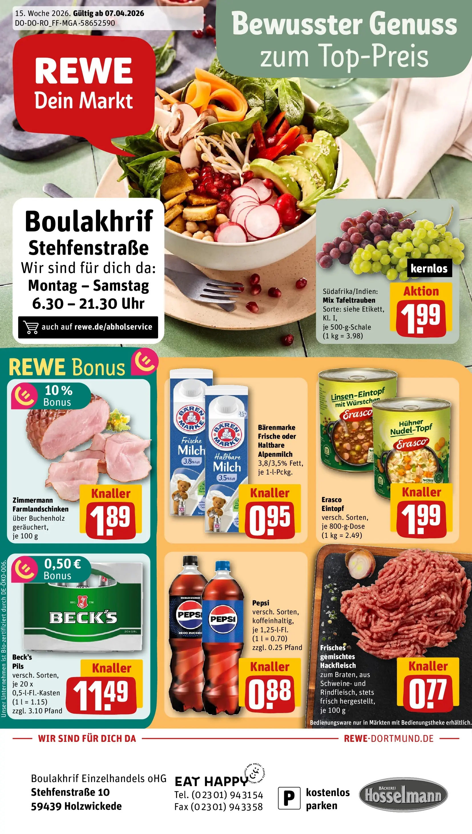 REWE Prospekt ab 05.04.2026 zum Blättern » Angebote | Seite: 1 | Produkte: Bäckerei, Milch, Pils, Hackfleisch