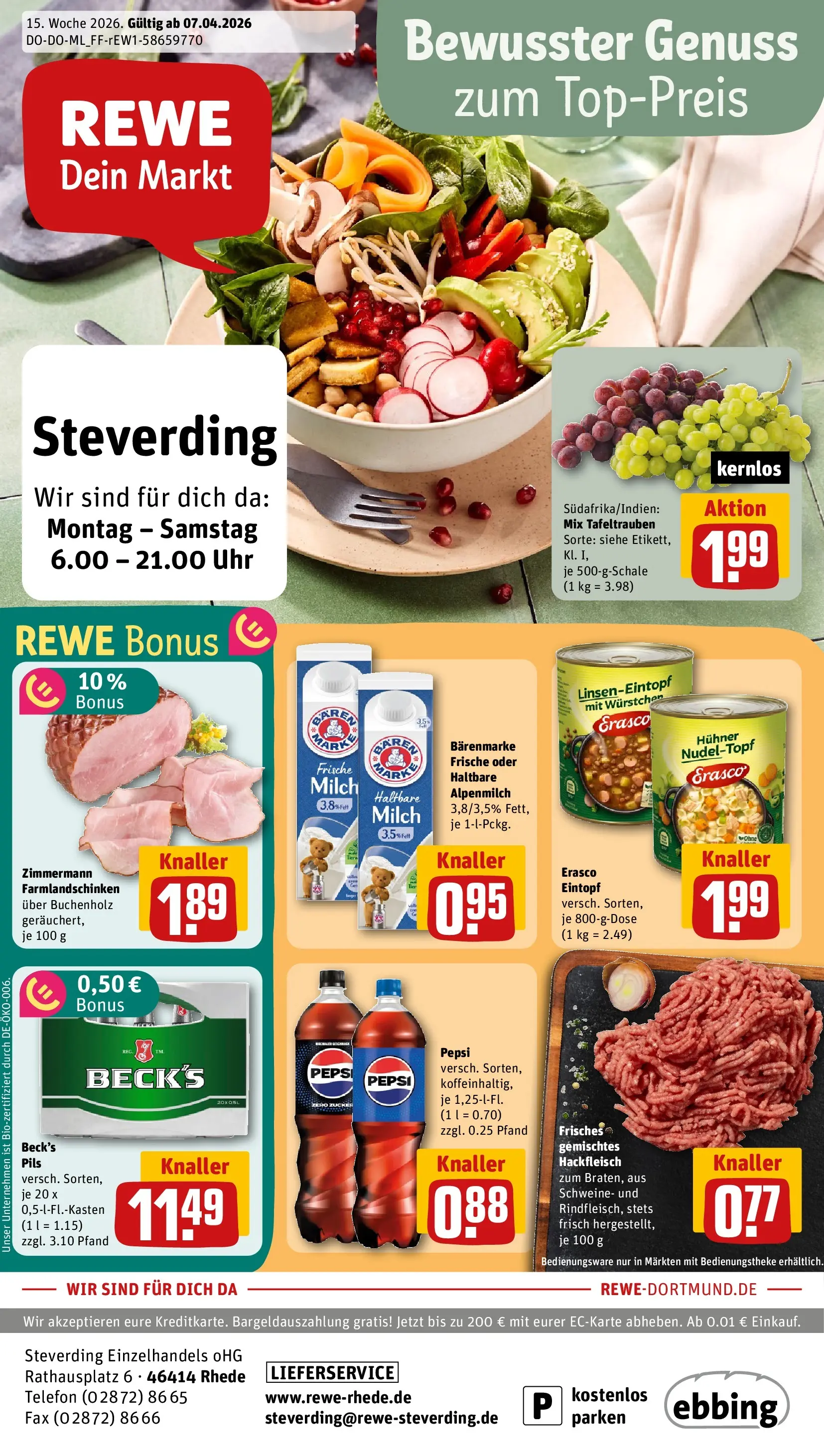 REWE Prospekt ab 05.04.2026 zum Blättern » Angebote | Seite: 1 | Produkte: Zucker, Pepsi, Erasco, Telefon