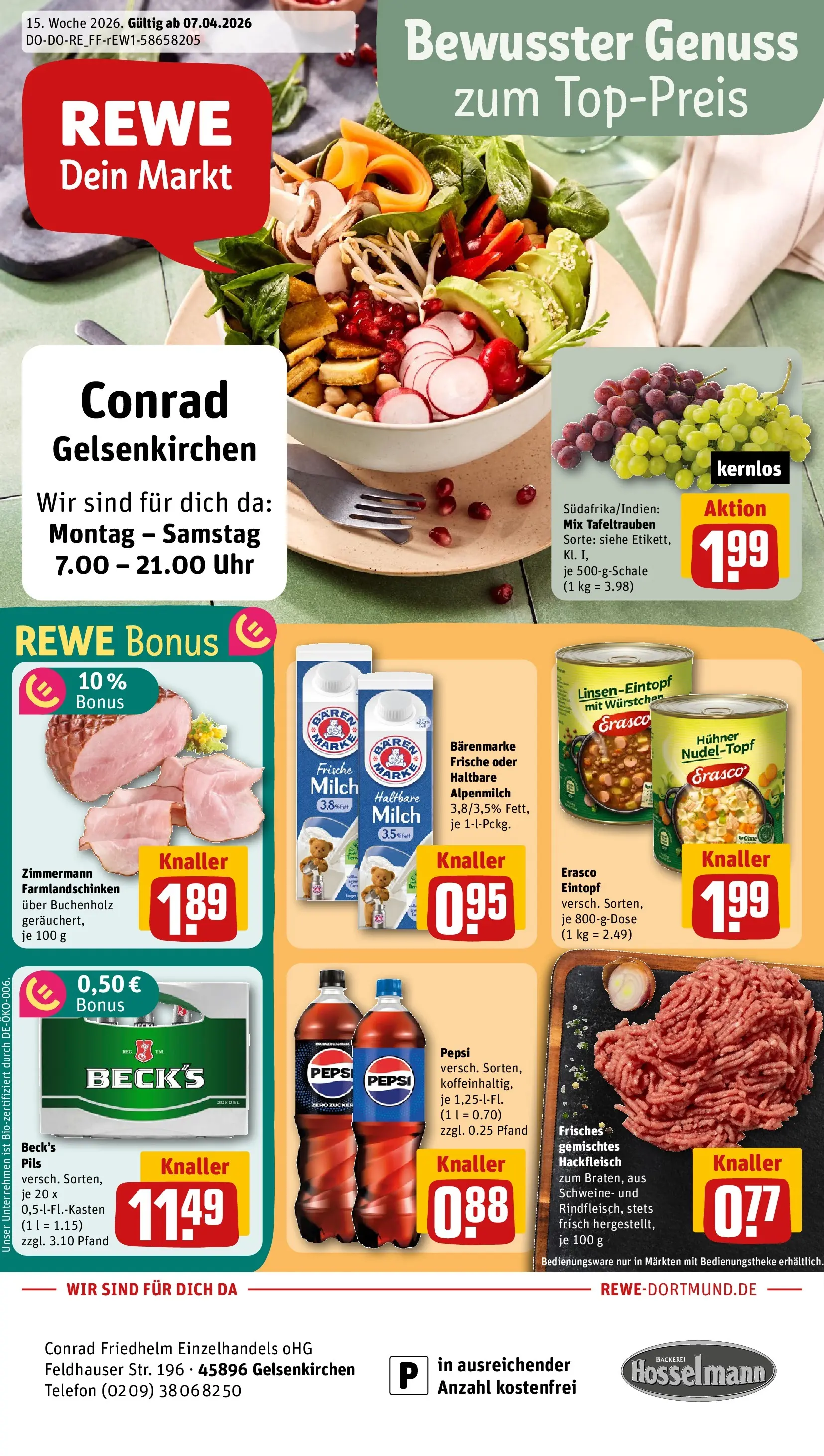 REWE Prospekt ab 05.04.2026 zum Blättern » Angebote | Seite: 1 | Produkte: Pils, Zucker, Telefon, Uhr