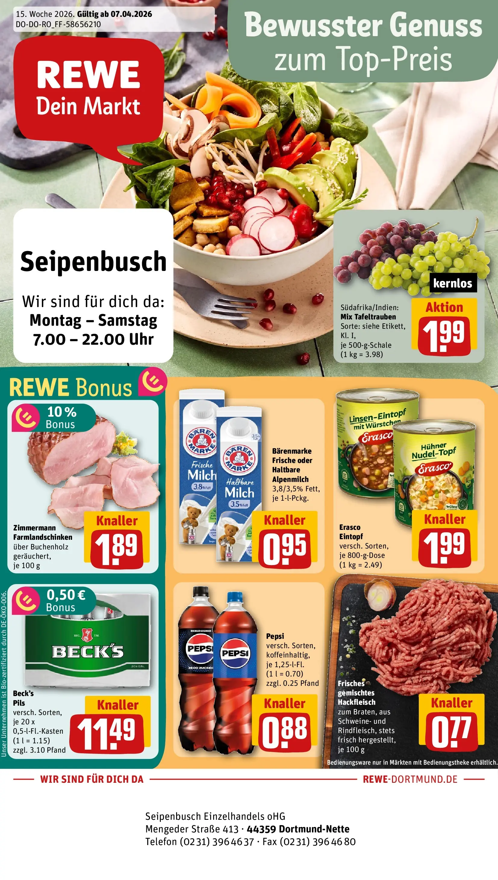 REWE Prospekt ab 05.04.2026 zum Blättern » Angebote | Seite: 1 | Produkte: Zucker, Pepsi, Uhr, Hackfleisch