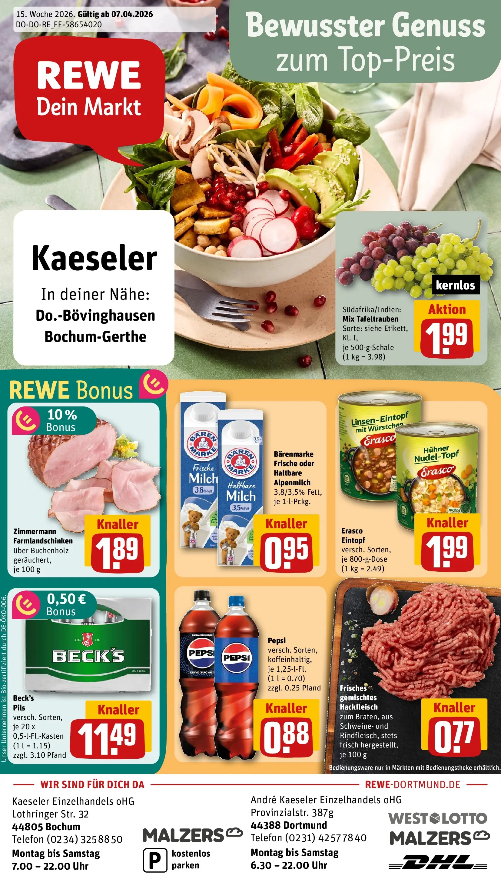 REWE Prospekt ab 05.04.2026 zum Blättern » Angebote | Seite: 1 | Produkte: Milch, Zucker, Telefon, Hackfleisch