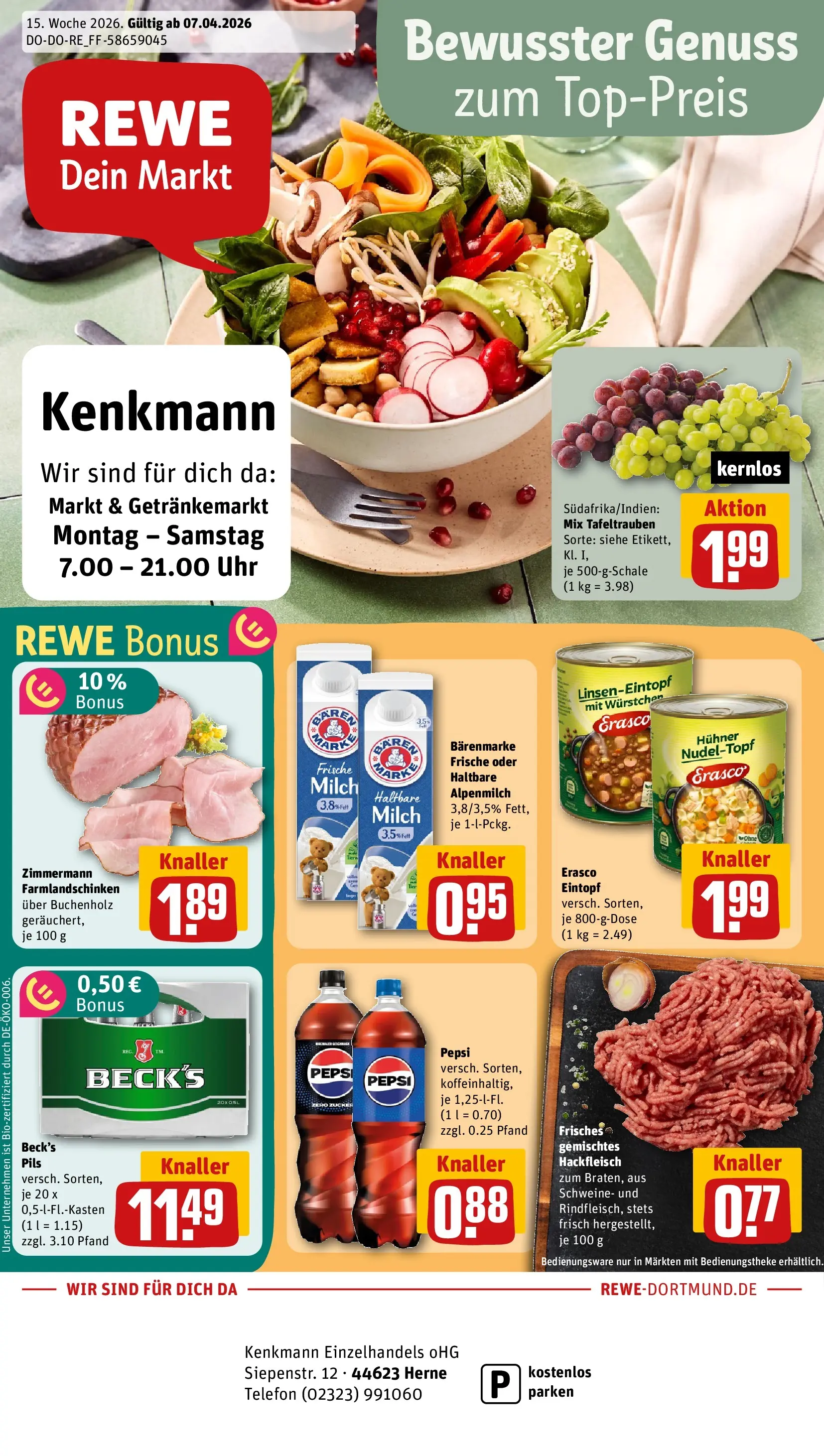 REWE Prospekt ab 05.04.2026 zum Blättern » Angebote | Seite: 1 | Produkte: Pils, Pepsi, Erasco, Hackfleisch