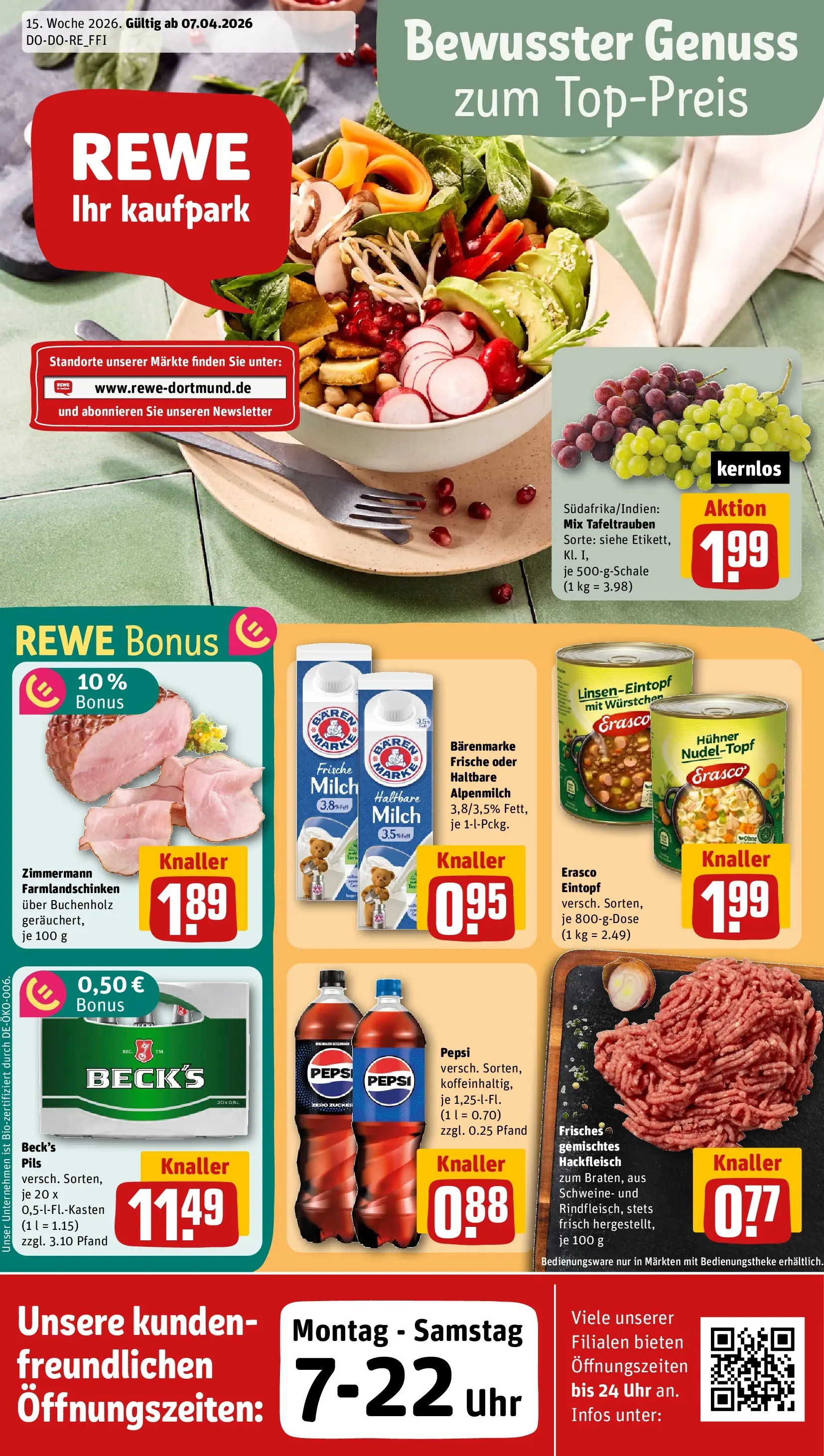 REWE Prospekt ab 05.04.2026 zum Blättern » Angebote | Seite: 1 | Produkte: Milch, Pils, Uhr, Hackfleisch