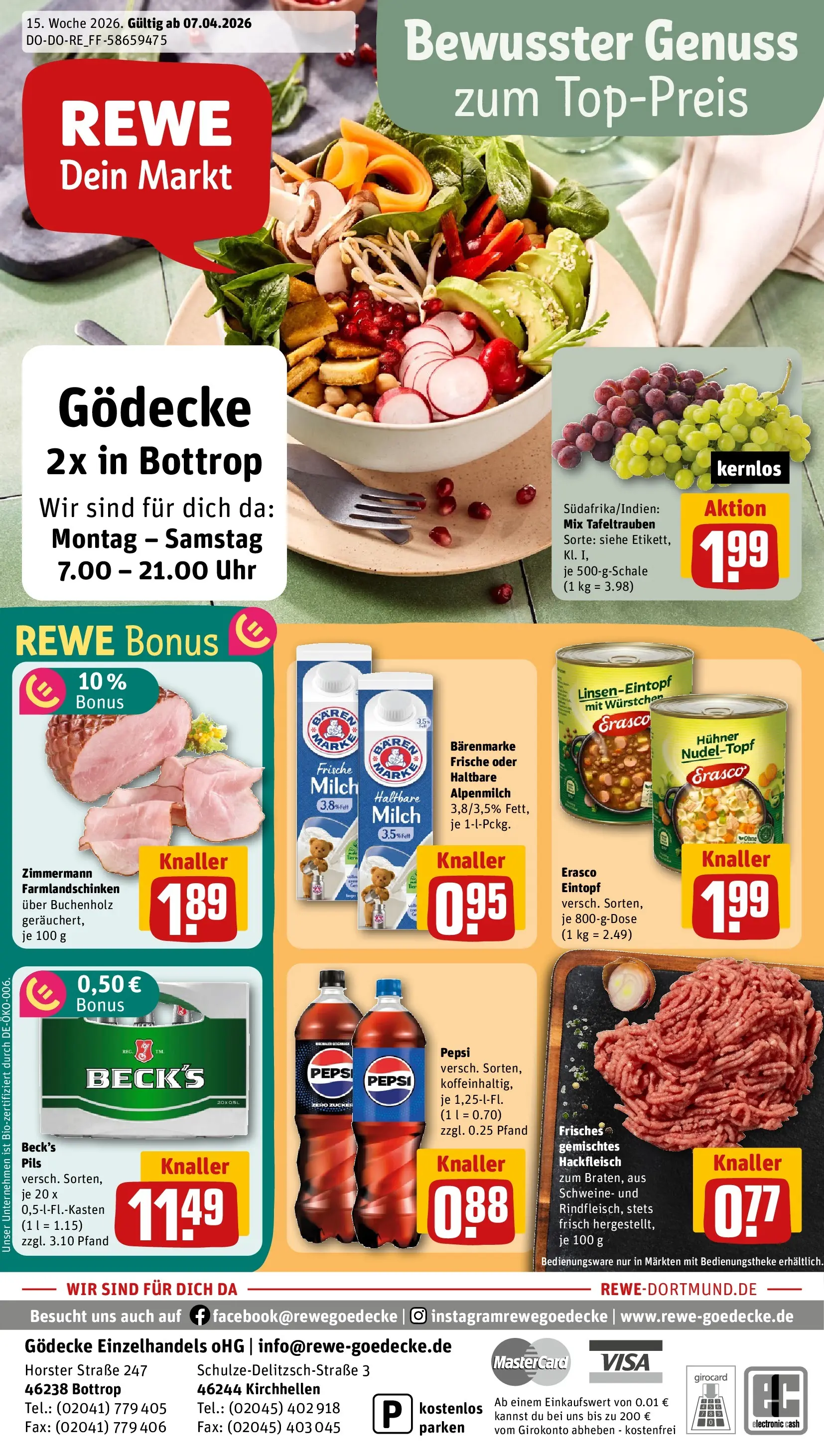 REWE Prospekt ab 05.04.2026 zum Blättern » Angebote | Seite: 1 | Produkte: Milch, Haltbare milch, Uhr, Hackfleisch