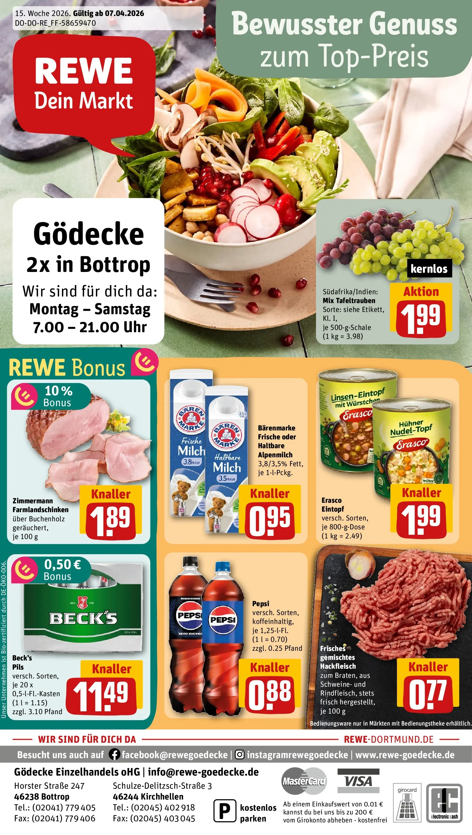 REWE Prospekt ab 05.04.2026 zum Blättern » Angebote | Seite: 1 | Produkte: Milch, Pils, Erasco, Hackfleisch