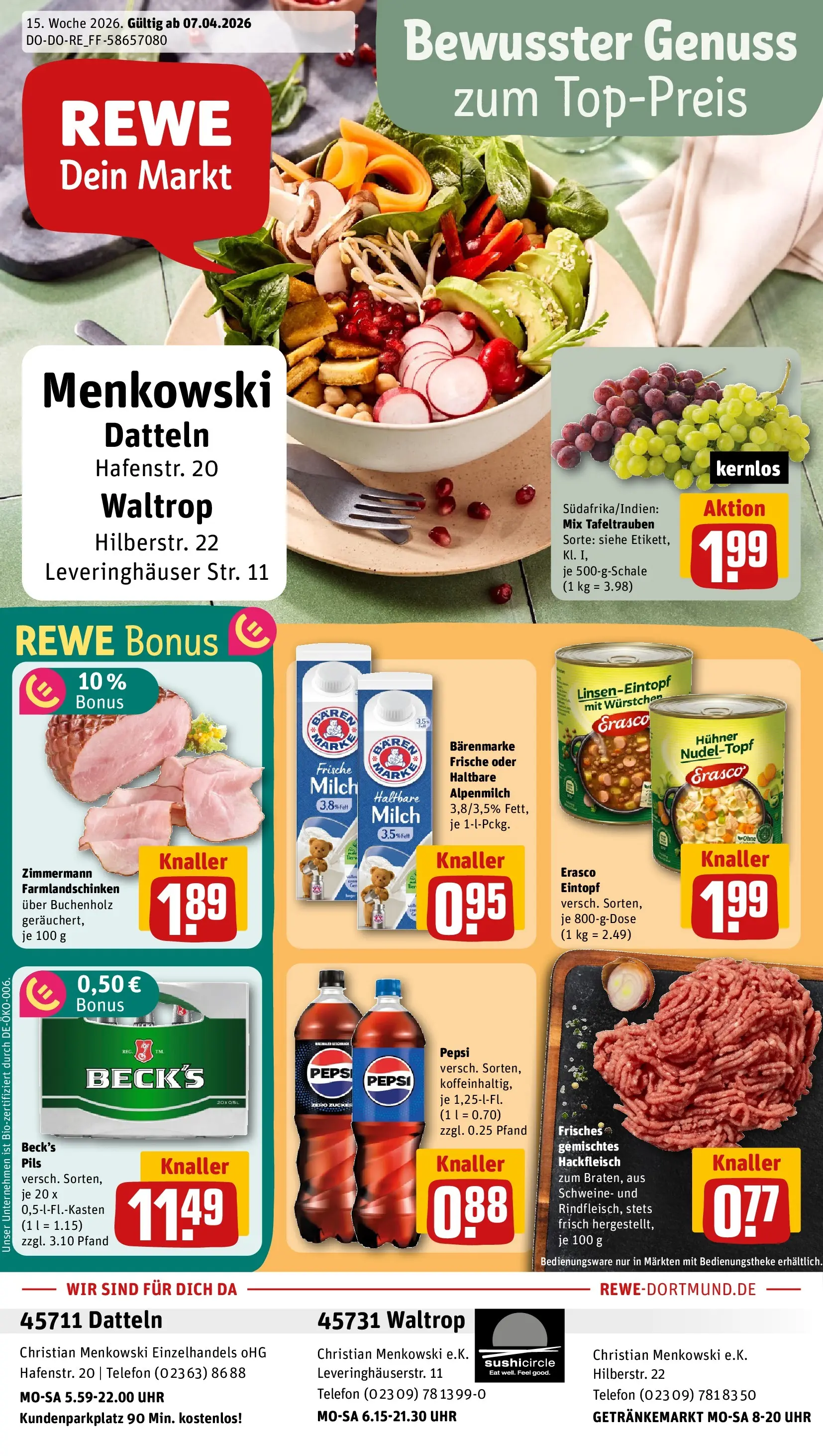 REWE Prospekt ab 05.04.2026 zum Blättern » Angebote | Seite: 1 | Produkte: Pils, Zucker, Telefon, Uhr