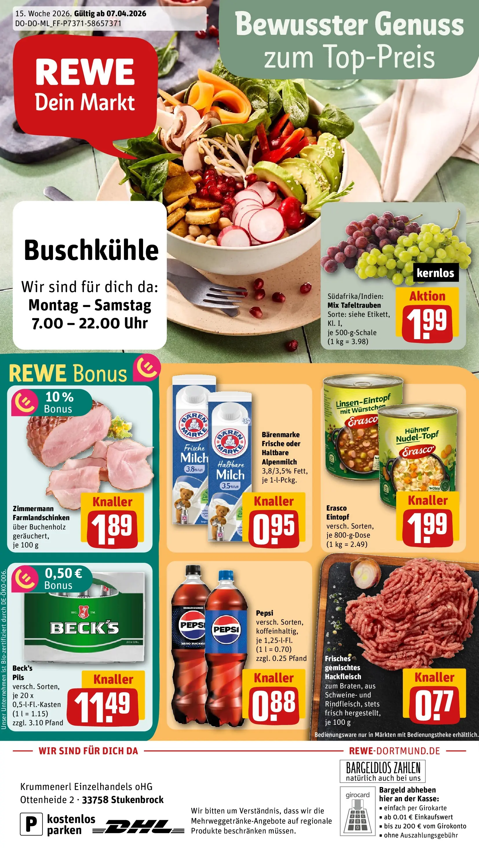REWE Prospekt ab 05.04.2026 zum Blättern » Angebote | Seite: 1 | Produkte: Cola, Milch, Uhr, Hackfleisch