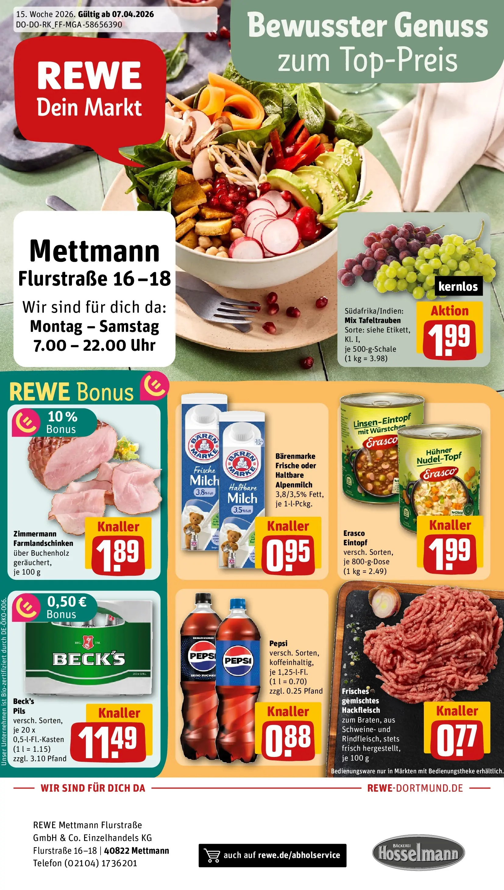 REWE Prospekt ab 05.04.2026 zum Blättern » Angebote | Seite: 1 | Produkte: Bäckerei, Zucker, Erasco, Hackfleisch