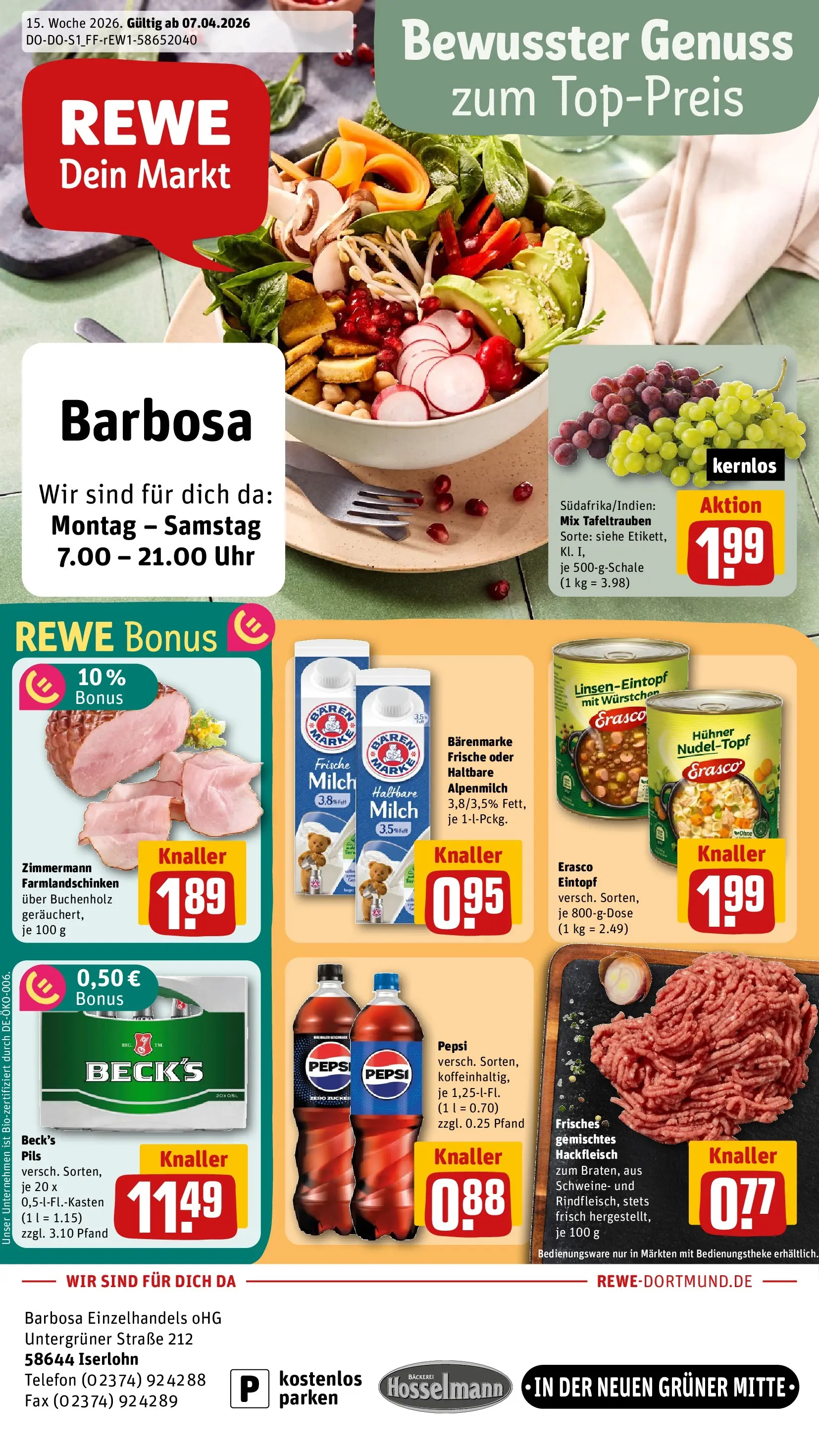 REWE Prospekt ab 05.04.2026 zum Blättern » Angebote | Seite: 1 | Produkte: Milch, Zucker, Pepsi, Erasco