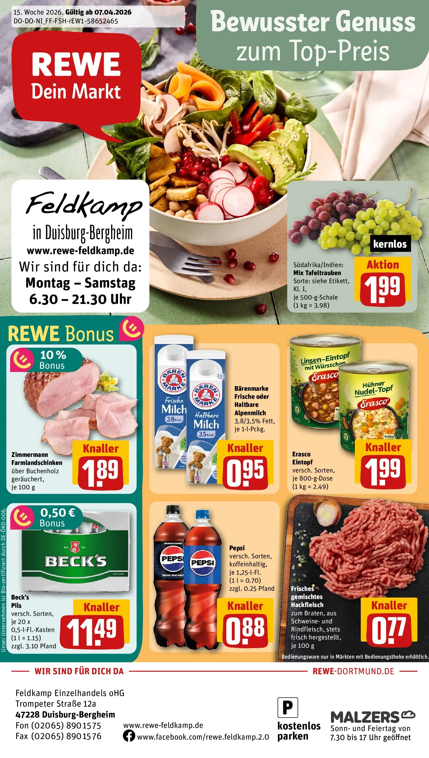 REWE Prospekt ab 05.04.2026 zum Blättern » Angebote | Seite: 1 | Produkte: Milch, Zucker, Pepsi, Erasco