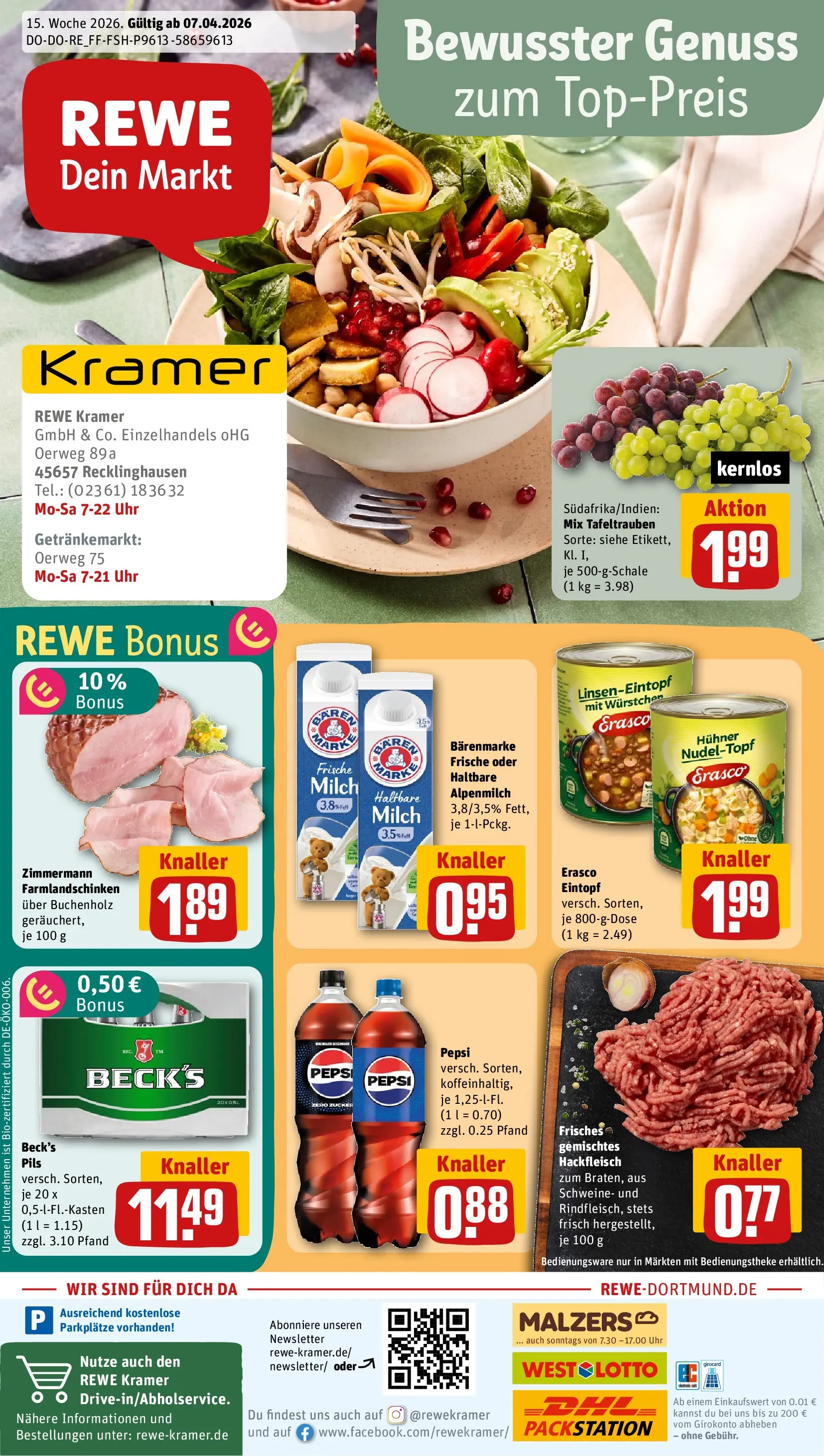 REWE Prospekt ab 05.04.2026 zum Blättern » Angebote | Seite: 1 | Produkte: Haltbare milch, Pils, Pepsi, Hackfleisch