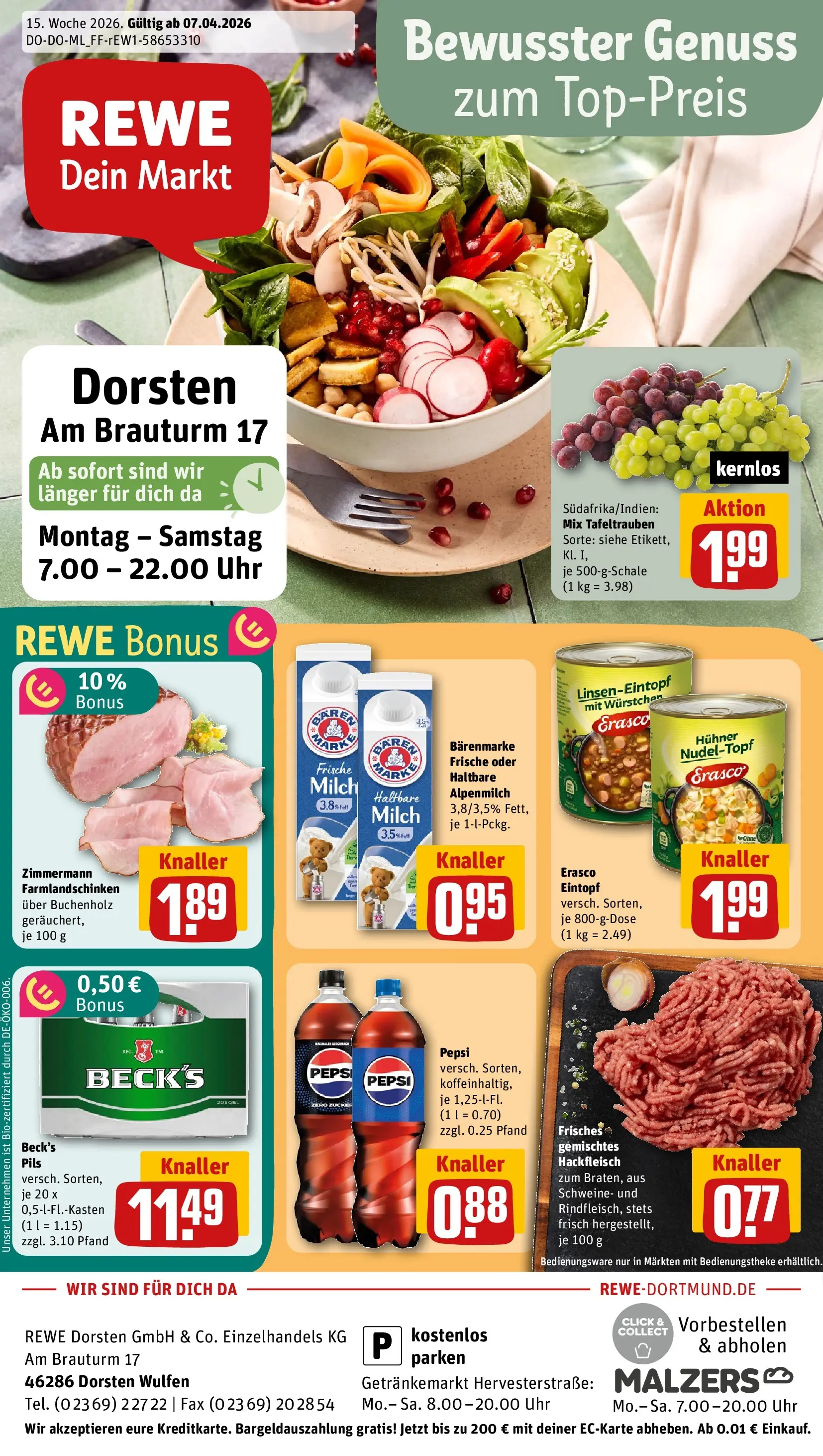 REWE Prospekt ab 05.04.2026 zum Blättern » Angebote | Seite: 1 | Produkte: Cola, Milch, Erasco, Hackfleisch