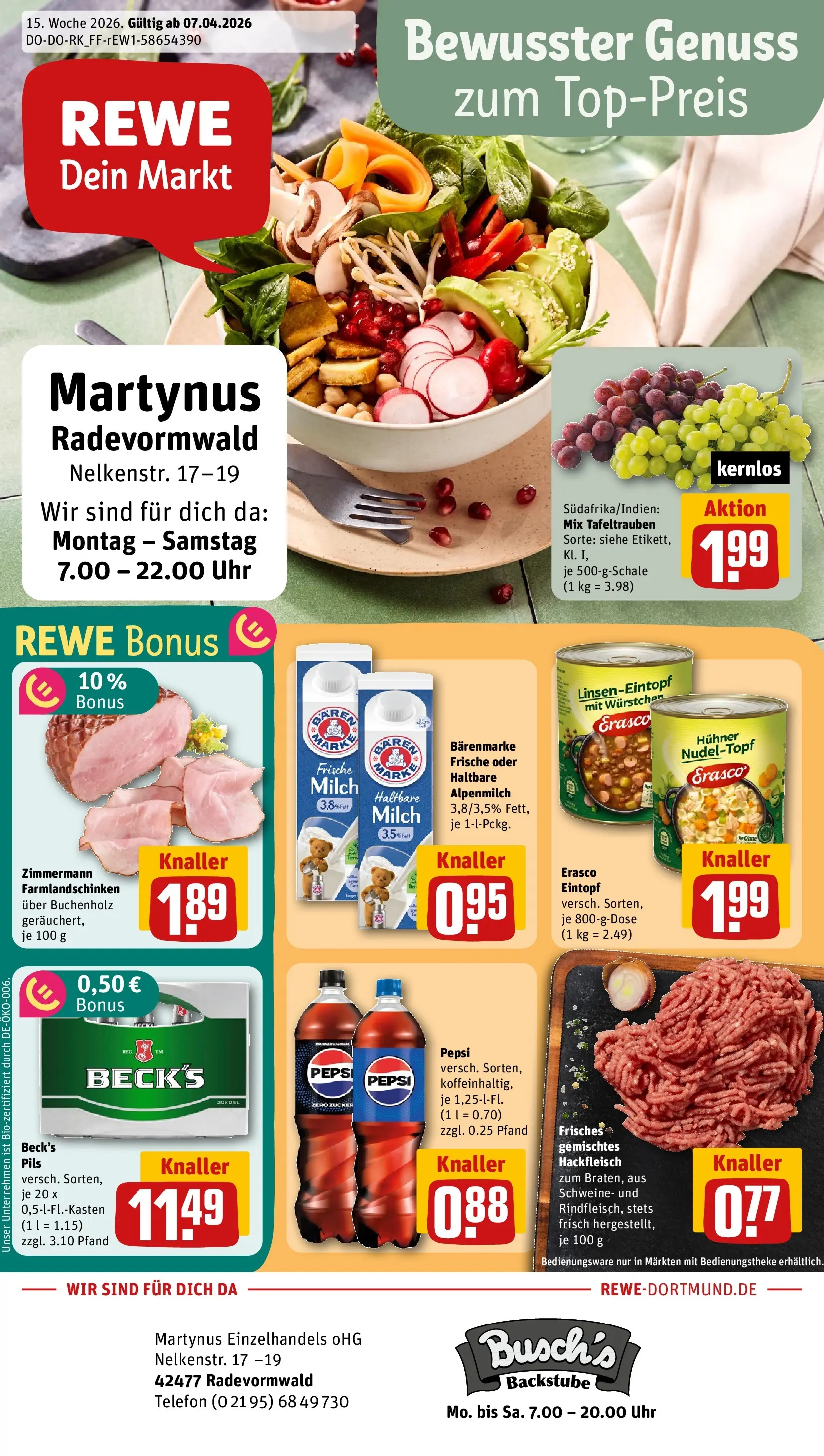 REWE Prospekt ab 05.04.2026 zum Blättern » Angebote | Seite: 1 | Produkte: Cola, Pils, Zucker, Telefon