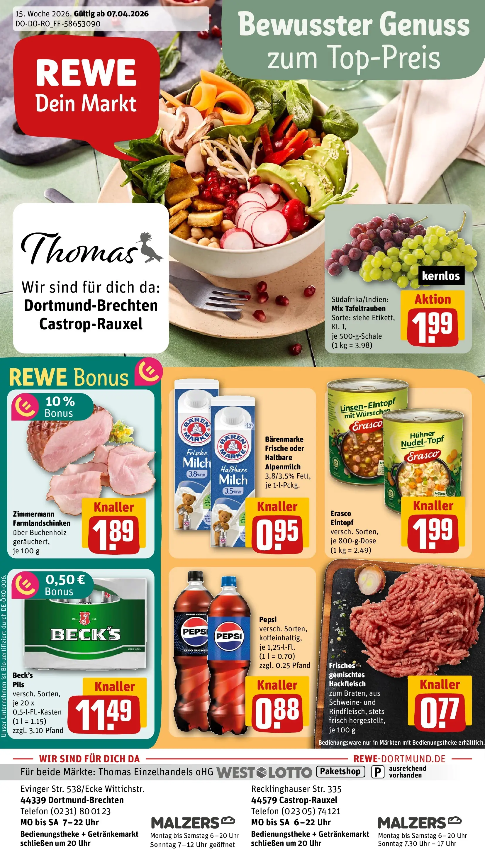 REWE Prospekt ab 05.04.2026 zum Blättern » Angebote | Seite: 1 | Produkte: Zucker, Telefon, Uhr, Hackfleisch