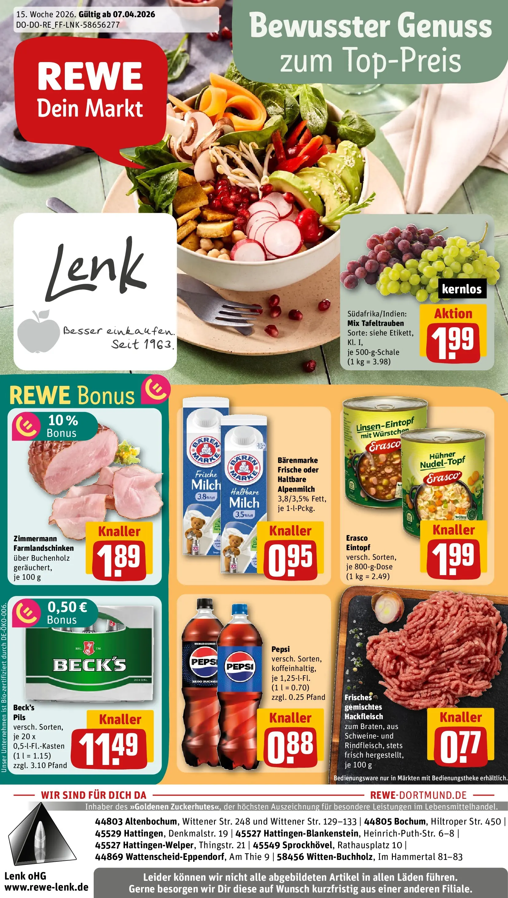 REWE Prospekt ab 05.04.2026 zum Blättern » Angebote | Seite: 1 | Produkte: Milch, Haltbare milch, Zucker, Erasco