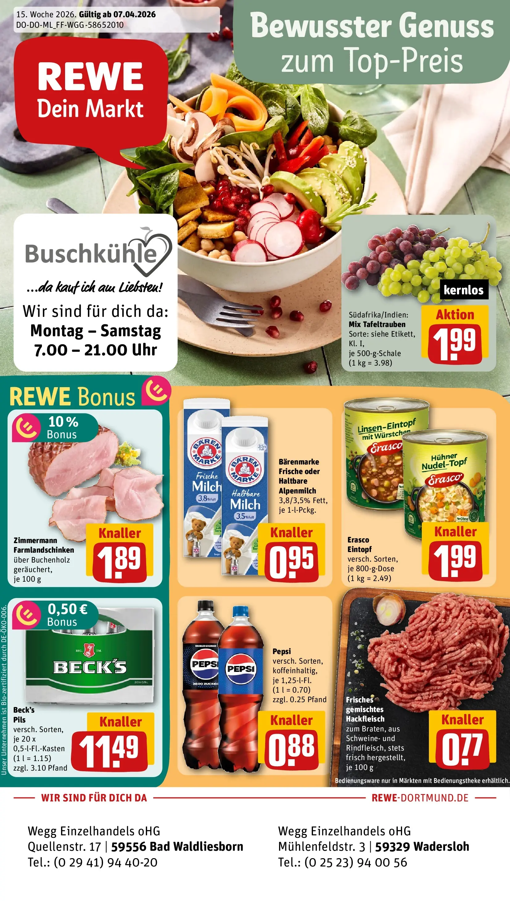 REWE Prospekt ab 05.04.2026 zum Blättern » Angebote | Seite: 1 | Produkte: Bad, Pils, Erasco, Uhr