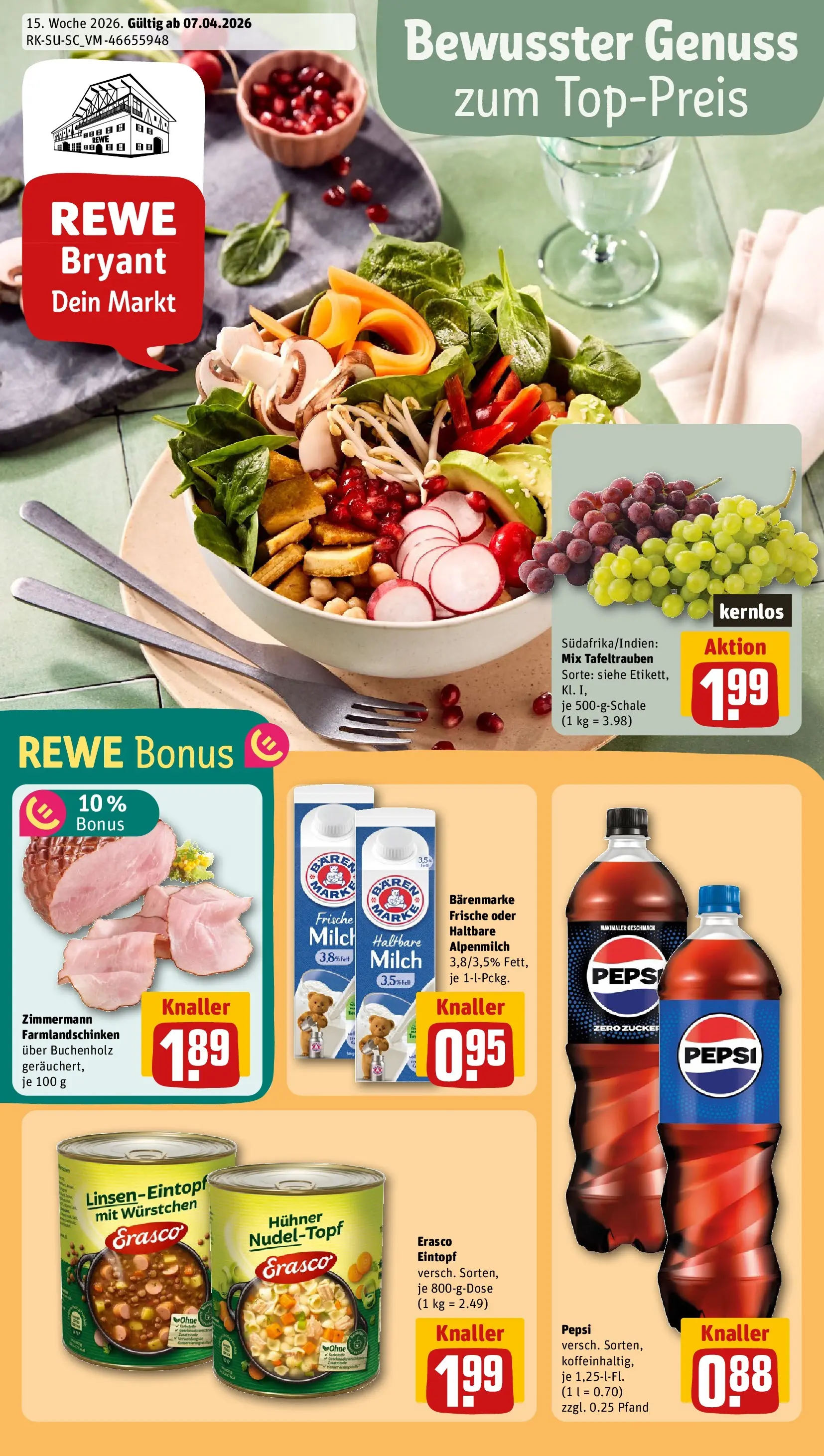 REWE Prospekt ab 05.04.2026 zum Blättern » Angebote | Seite: 1 | Produkte: Milch, Zucker, Pepsi, Erasco