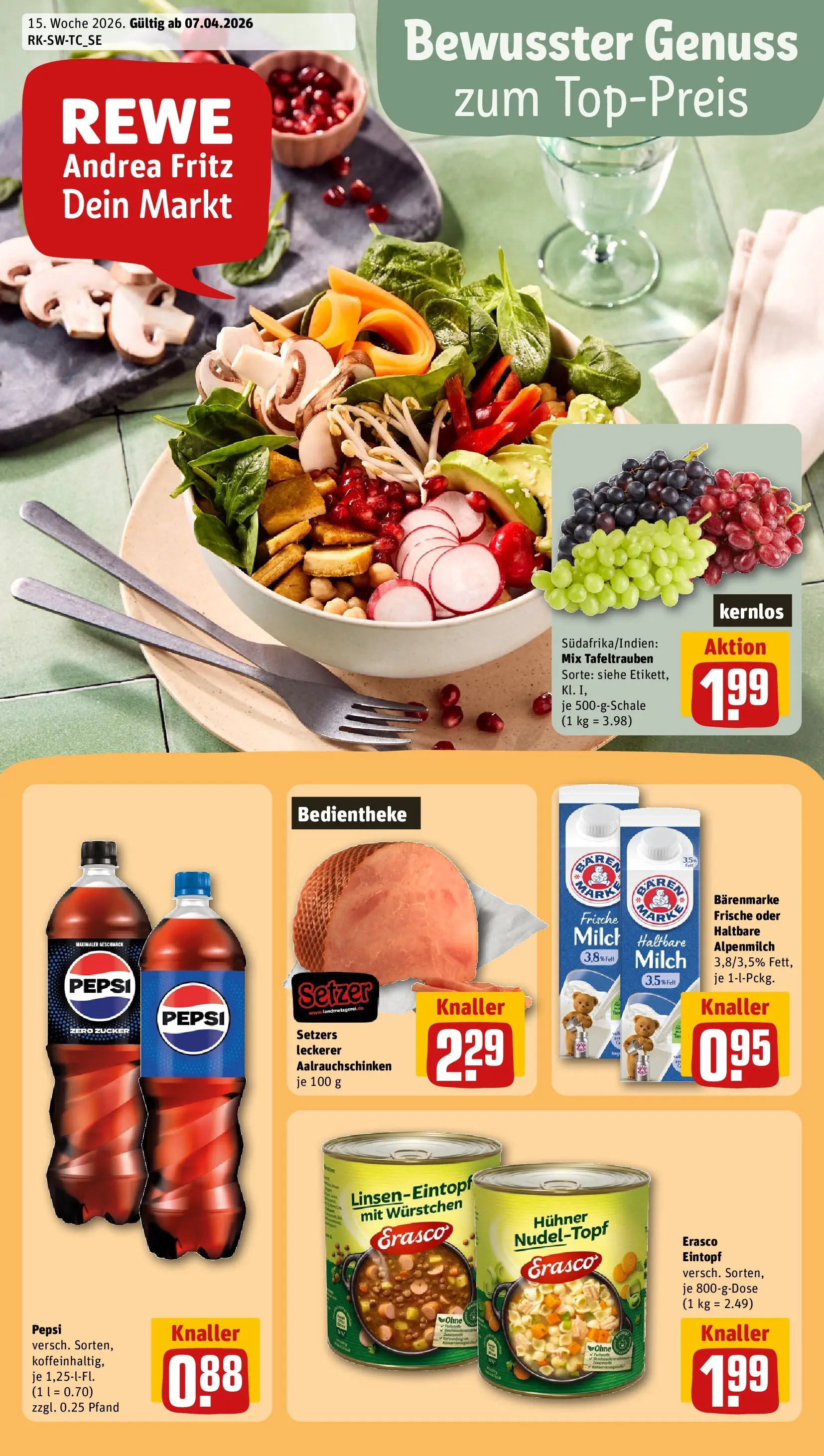 REWE Prospekt ab 05.04.2026 zum Blättern » Angebote | Seite: 1 | Produkte: Milch, Zucker, Pepsi, Erasco