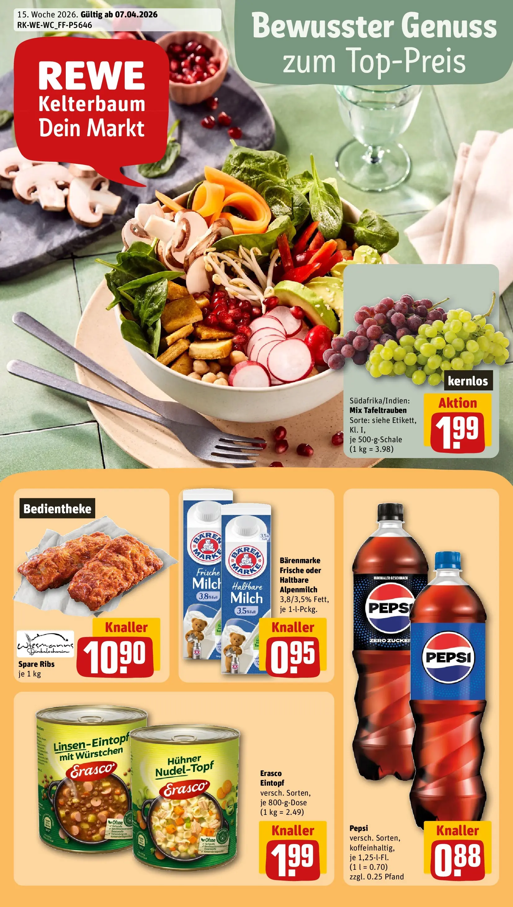 REWE Prospekt ab 05.04.2026 zum Blättern » Angebote | Seite: 1 | Produkte: Spare ribs, Zucker, Pepsi, Erasco