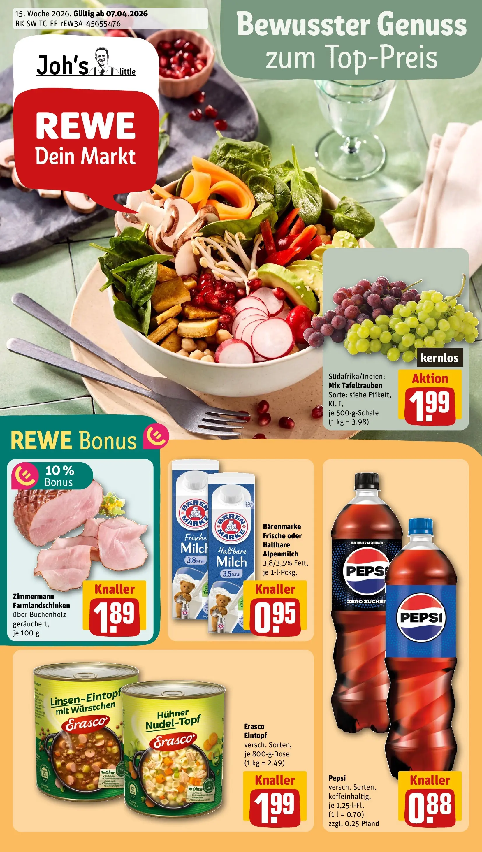 REWE Prospekt ab 05.04.2026 zum Blättern » Angebote | Seite: 1 | Produkte: Milch, Zucker, Pepsi, Erasco