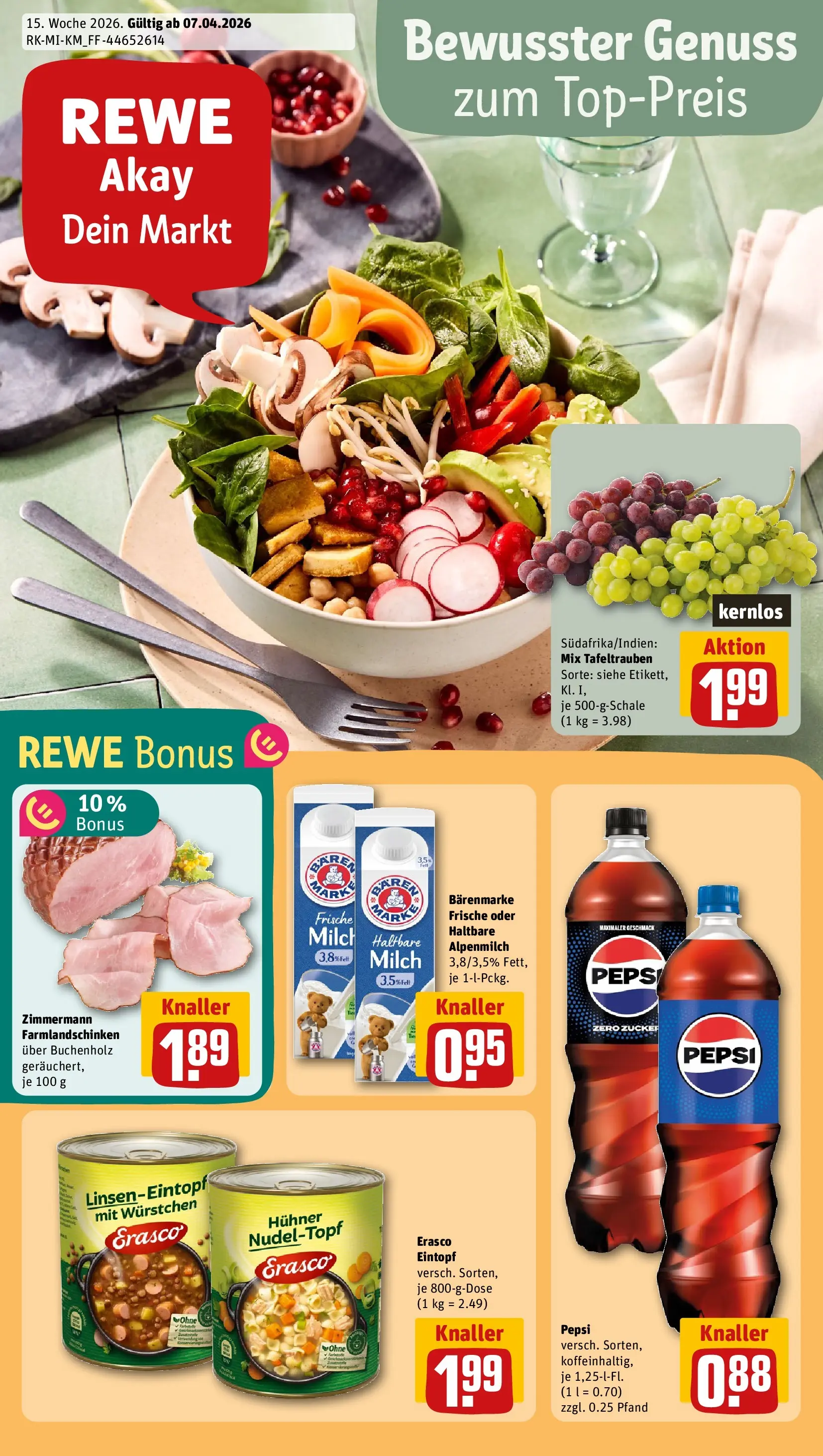 REWE Prospekt ab 05.04.2026 zum Blättern » Angebote | Seite: 1 | Produkte: Cola, Zucker, Pepsi, Erasco