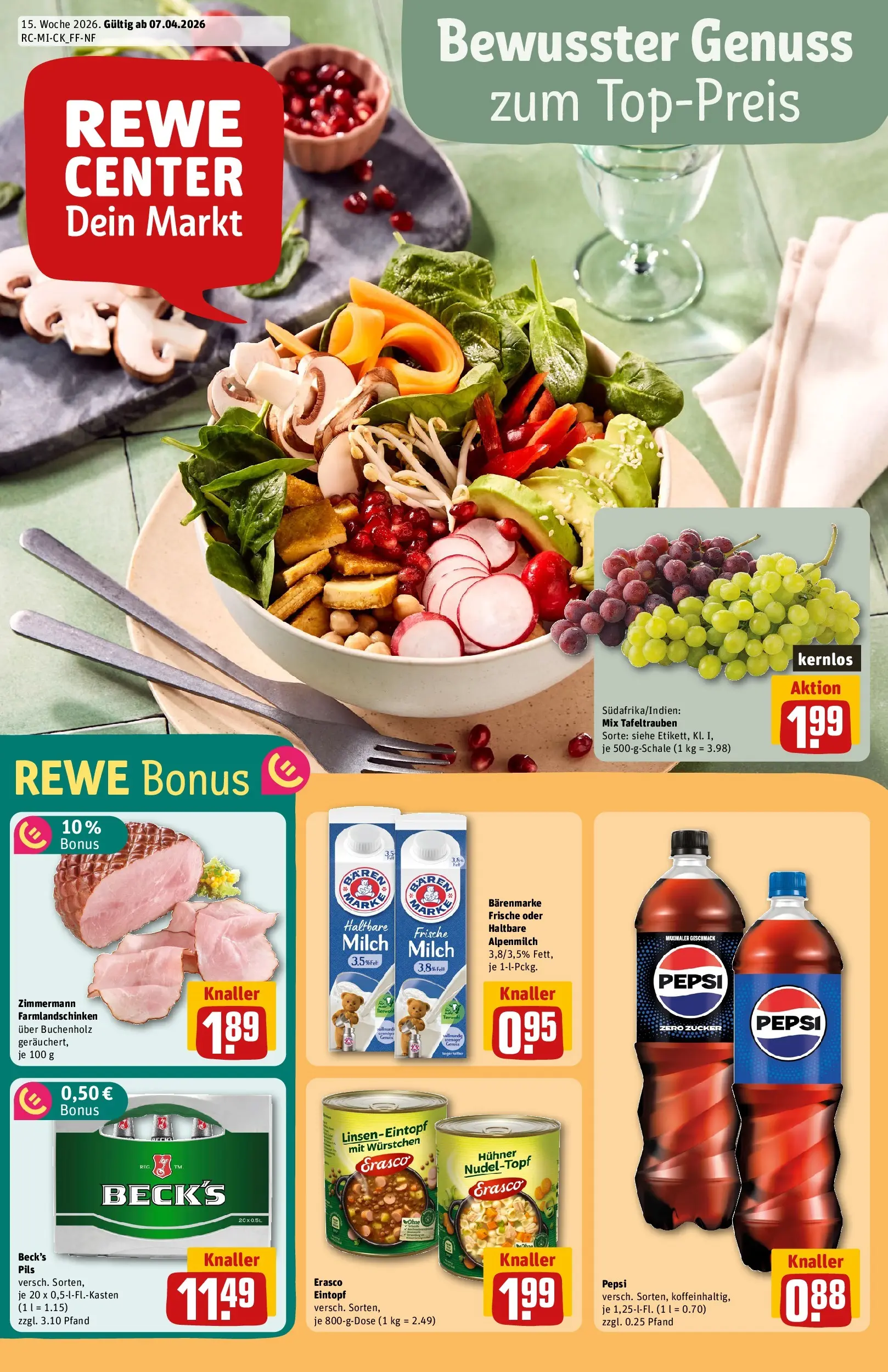 REWE Prospekt ab 05.04.2026 zum Blättern » Angebote | Seite: 1 | Produkte: Milch, Zucker, Pepsi, Erasco