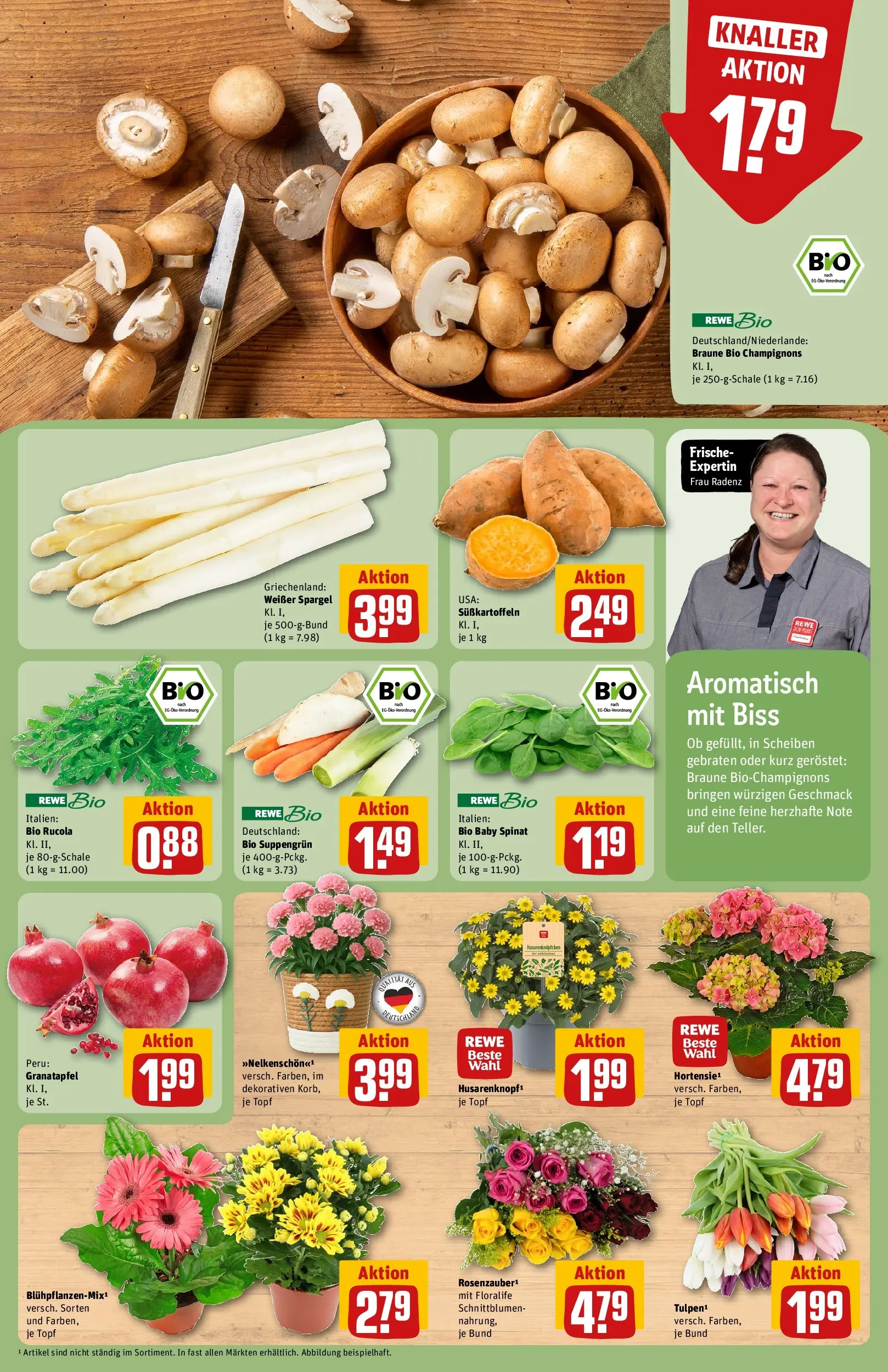 REWE Prospekt ab 05.04.2026 zum Blättern » Angebote | Seite: 7 | Produkte: Granatapfel, Rucola, Spargel, Champignons