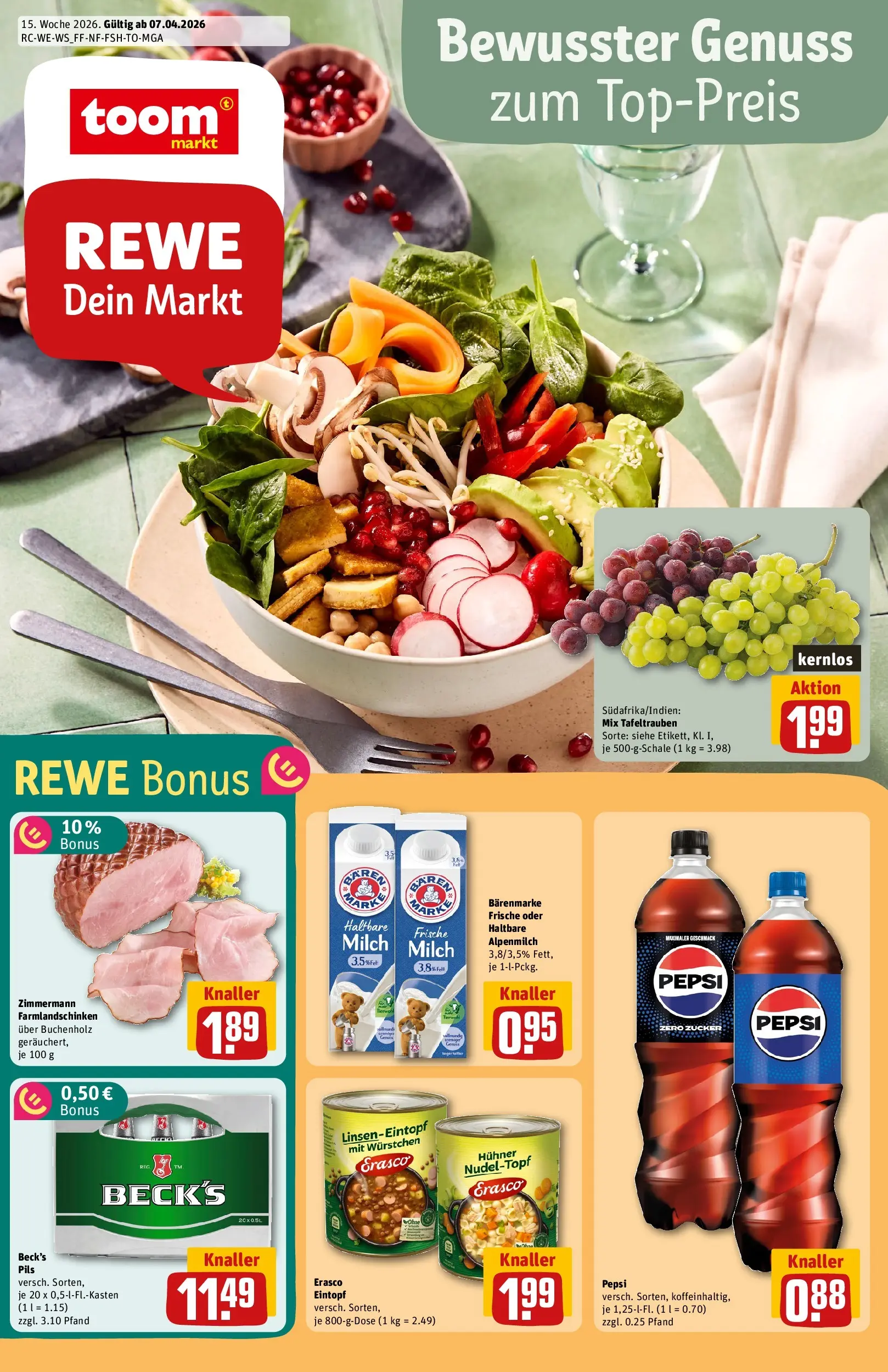 REWE Prospekt ab 05.04.2026 zum Blättern » Angebote | Seite: 1 | Produkte: Pils, Zucker, Pepsi, Erasco