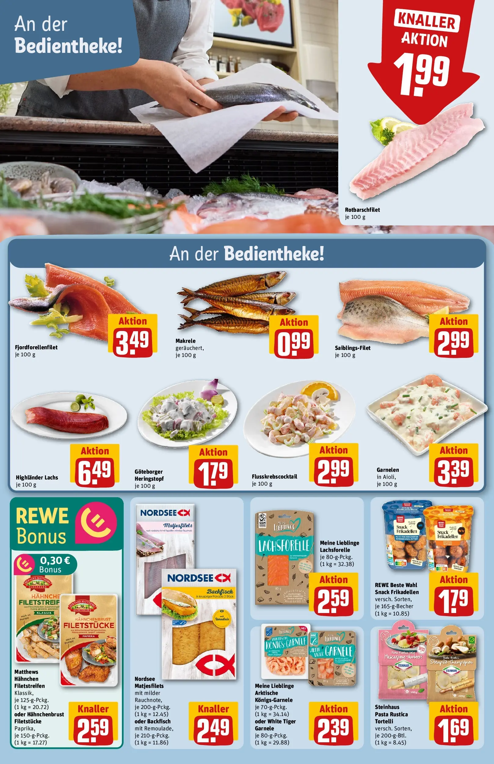 REWE Prospekt ab 05.04.2026 zum Blättern » Angebote | Seite: 12 | Produkte: Hahnchen, Garnelen, Lachs, Pasta