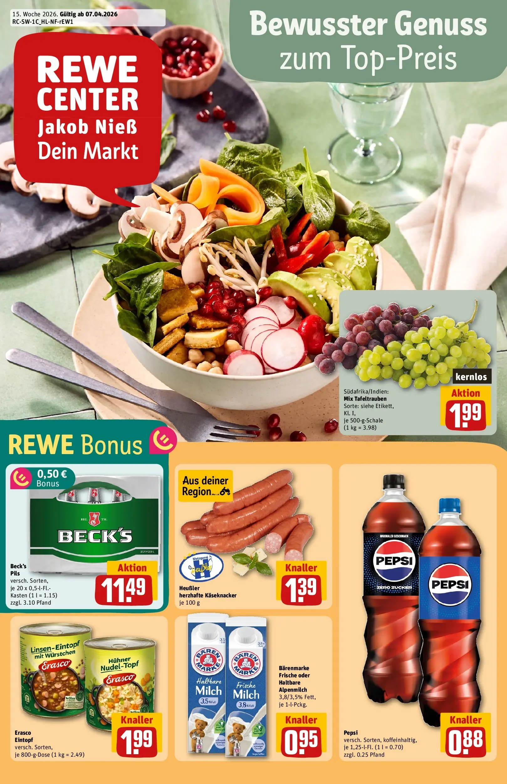REWE Prospekt ab 05.04.2026 zum Blättern » Angebote | Seite: 1 | Produkte: Haltbare milch, Pils, Zucker, Pepsi