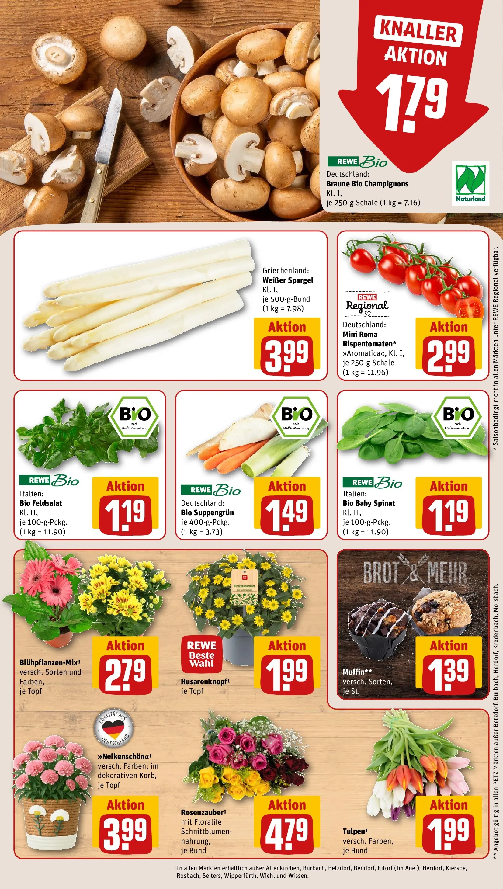 REWE Prospekt ab 05.04.2026 zum Blättern » Angebote | Seite: 7 | Produkte: Spargel, Champignons, Brot