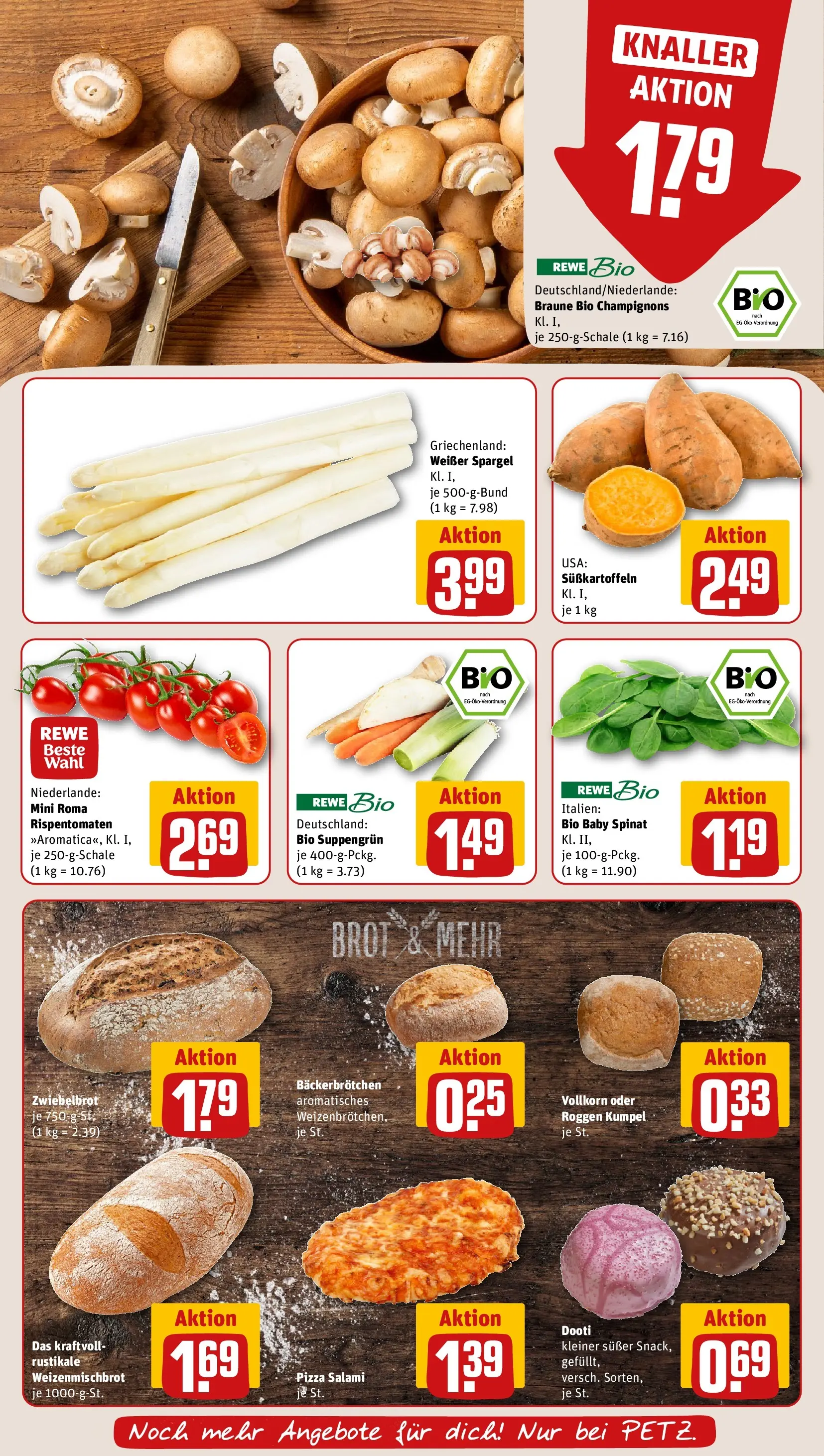 REWE Prospekt ab 05.04.2026 zum Blättern » Angebote | Seite: 7 | Produkte: Spargel, Champignons, Brot, Pizza