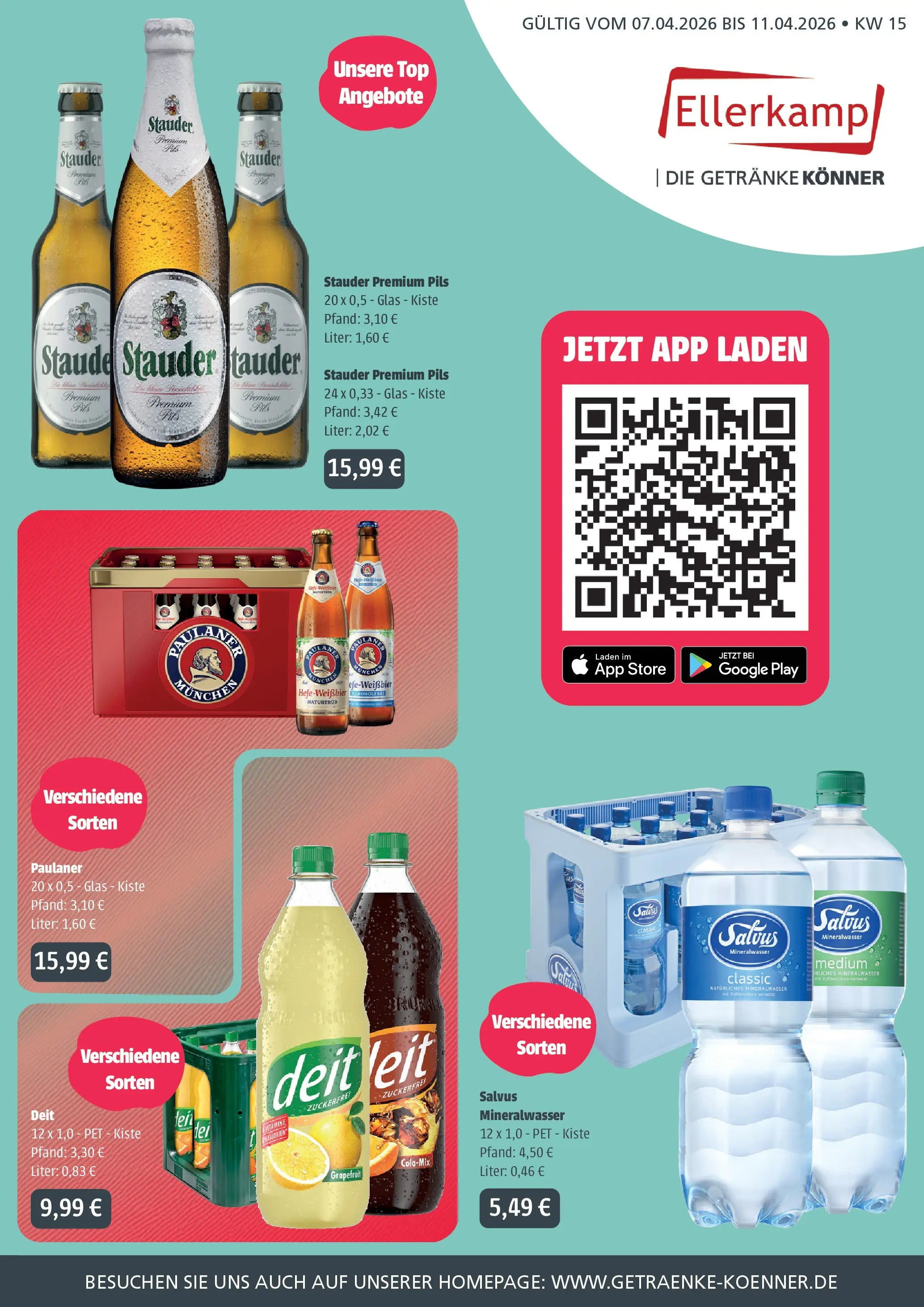 Angebote - Getränke Ellerkamp: Getränkeangebote (ab 05.04.2026) zum Blättern | Seite: 1 | Produkte: Top, Pils, Mineralwasser, Paulaner