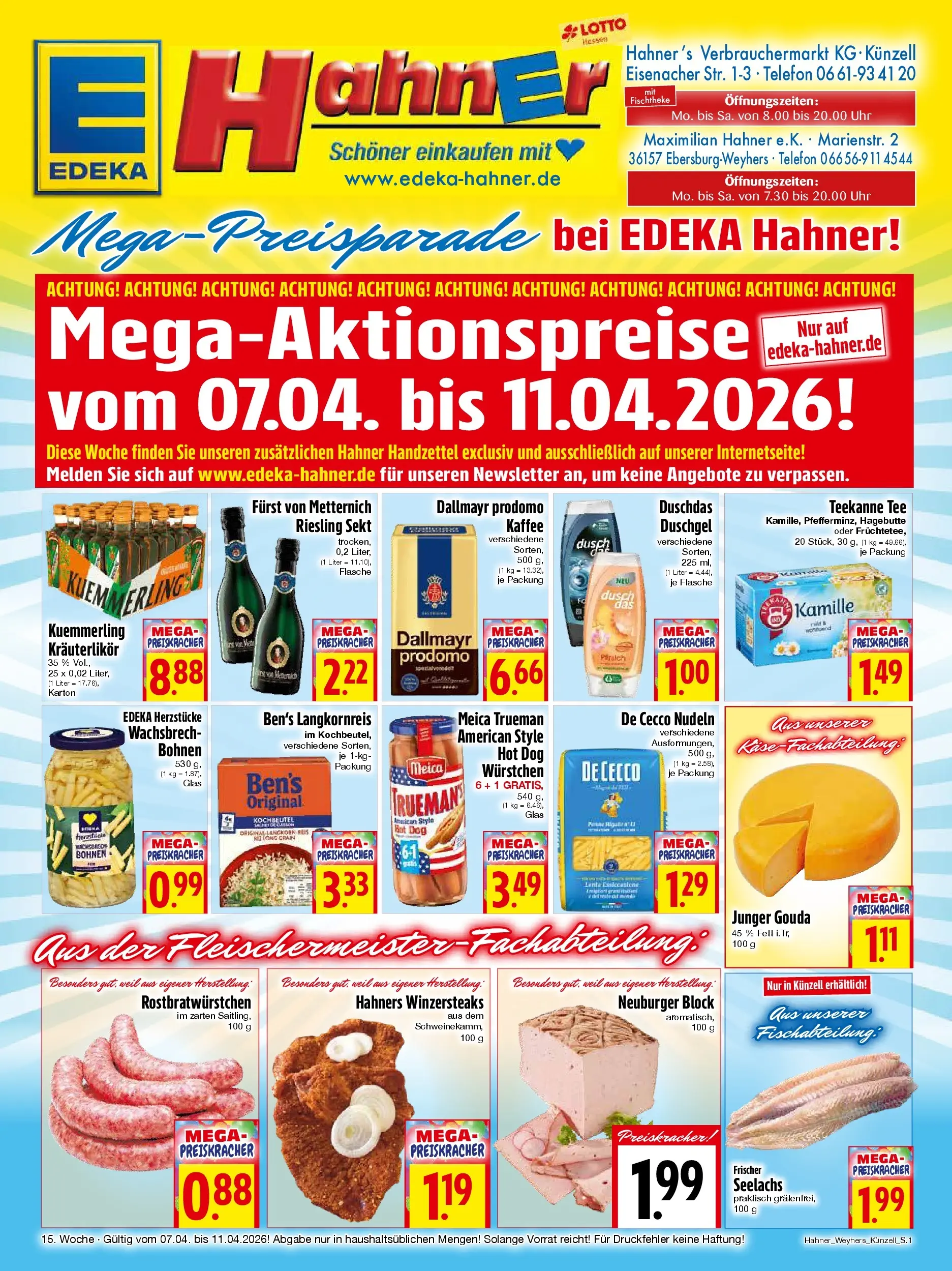 Angebote - Edeka Hahner: Wochenangebote (ab 05.04.2026) zum Blättern | Seite: 1 | Produkte: Meica, Dallmayr, Teekanne, Uhr