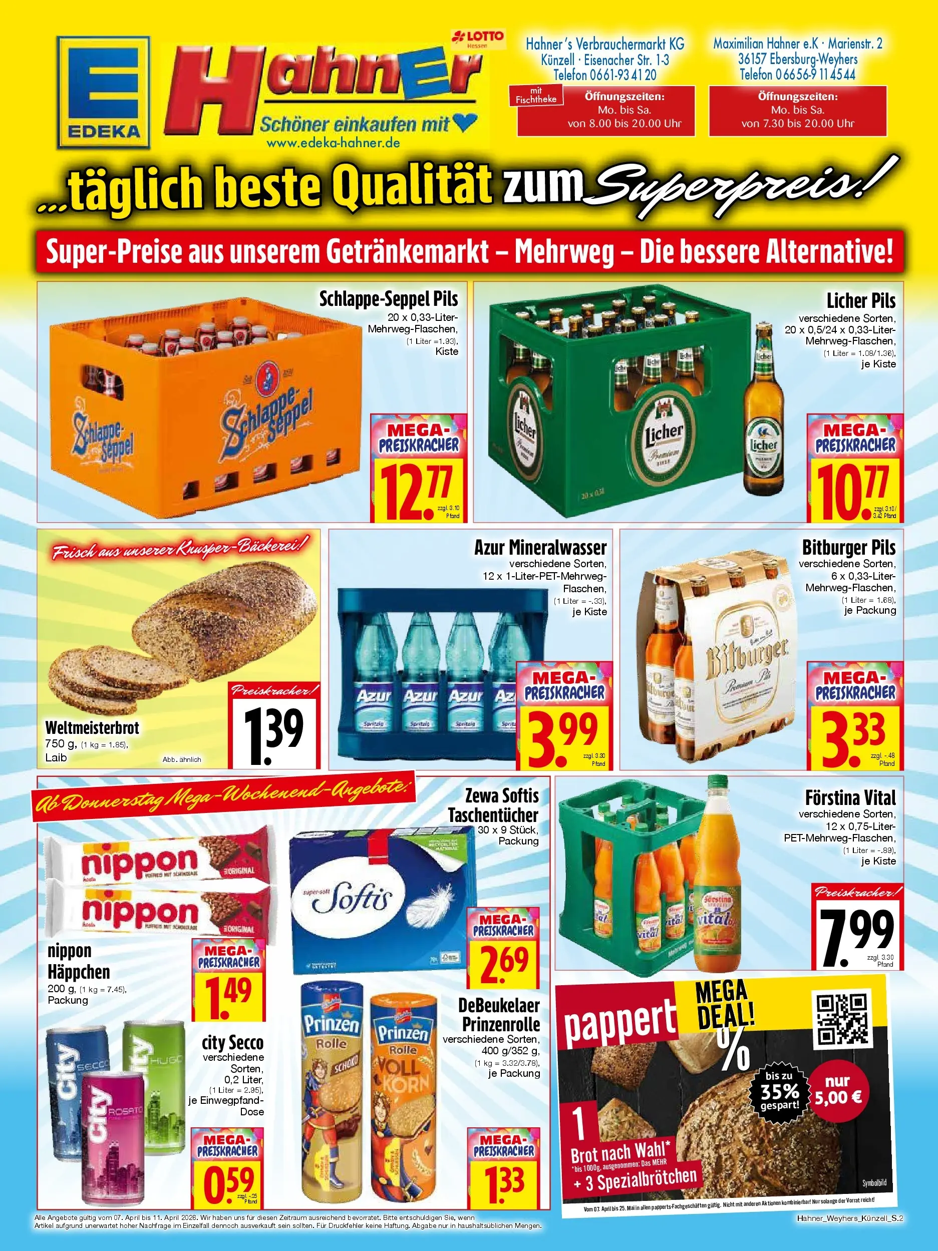 Angebote - Edeka Hahner: Wochenangebote (ab 05.04.2026) zum Blättern | Seite: 2 | Produkte: Bitburger, Mineralwasser, Telefon, Uhr