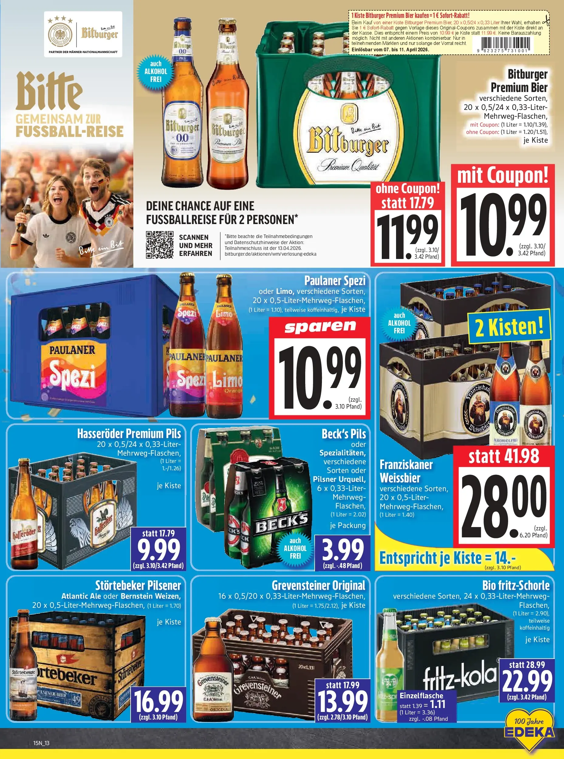 Angebote - Edeka Hahner: Wochenangebote (ab 05.04.2026) zum Blättern | Seite: 15 | Produkte: Bitburger, Weißbier, Paulaner spezi, Hasseröder