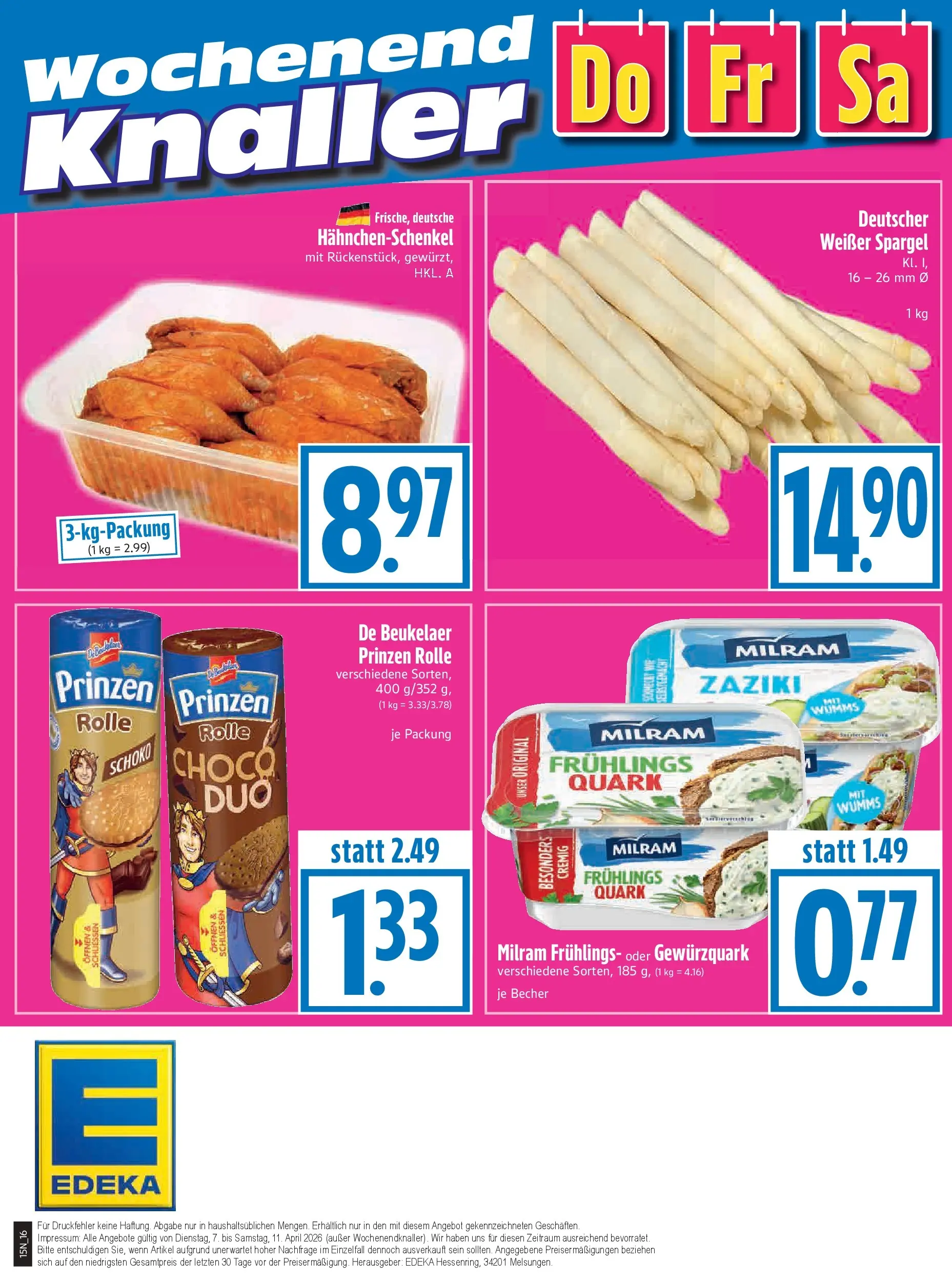 Angebote - Edeka Hahner: Wochenangebote (ab 05.04.2026) zum Blättern | Seite: 18 | Produkte: Quark, Hahnchenschenkel, Spargel, Milram