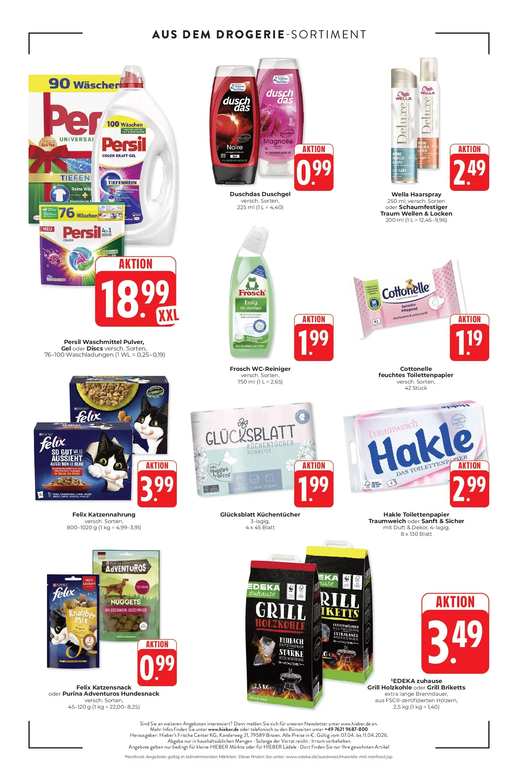 Angebote - Hieber's Frischecenter: Meine Woche (ab 05.04.2026) zum Blättern | Seite: 12 | Produkte: Grill, Essig, Duschgel, Persil