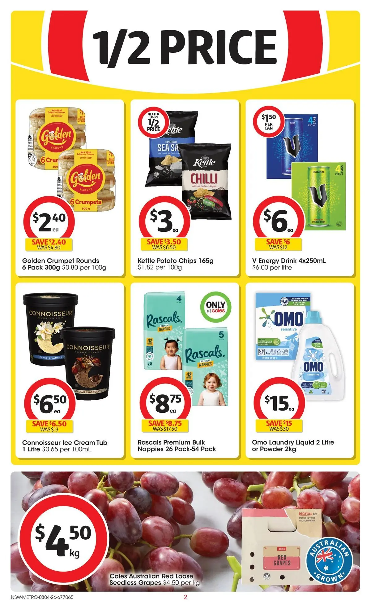 Deals - Coles Catalogue - 8th April - 07/04/2026 > weekly / monthly specials | Page: 2 | Products: Energy drink, Ice cream, Grapes, Laundry